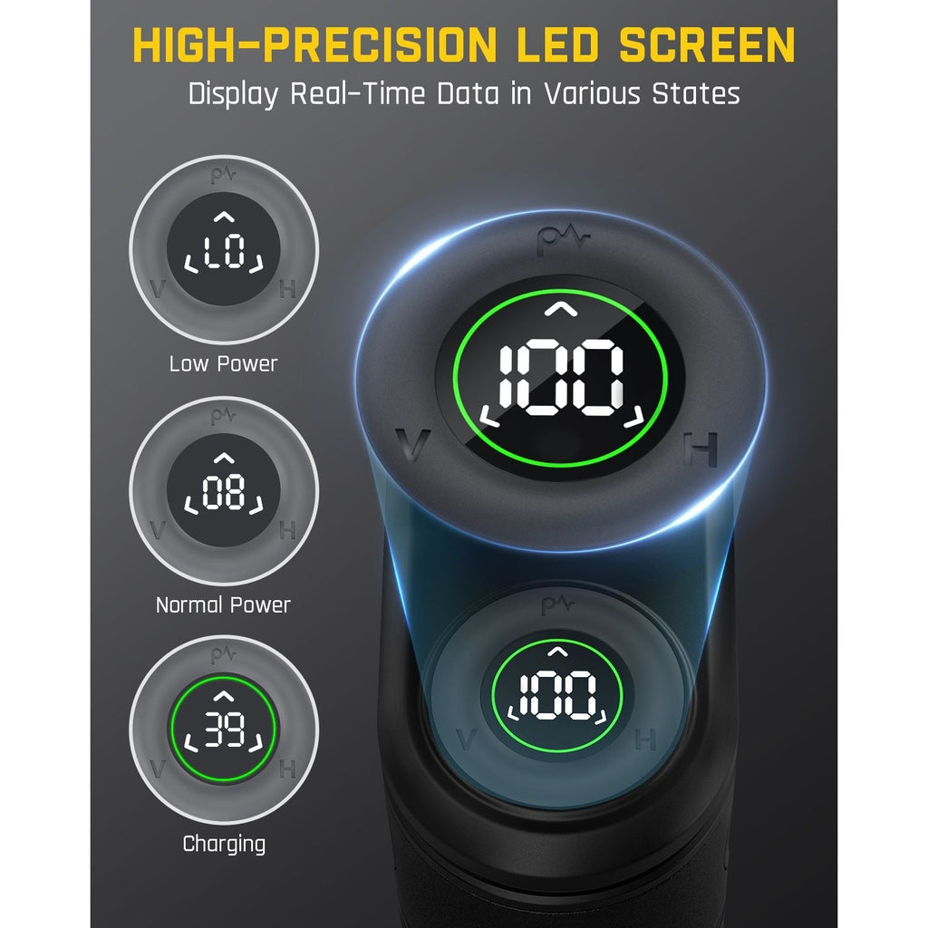 Fanttik D2 APEX Laser Level's high-precision LED screen shows low power, normal power, and charging status.