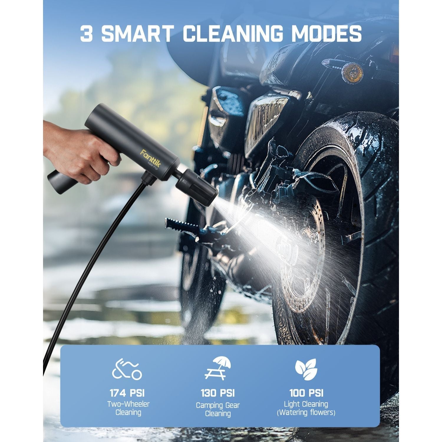 Fanttik NB8 Flip cordless sprayer cleaning motorcycle. Features 3 modes: 174 PSI (2-wheelers), 130 PSI (camping gear), 100 PSI (light cleaning).