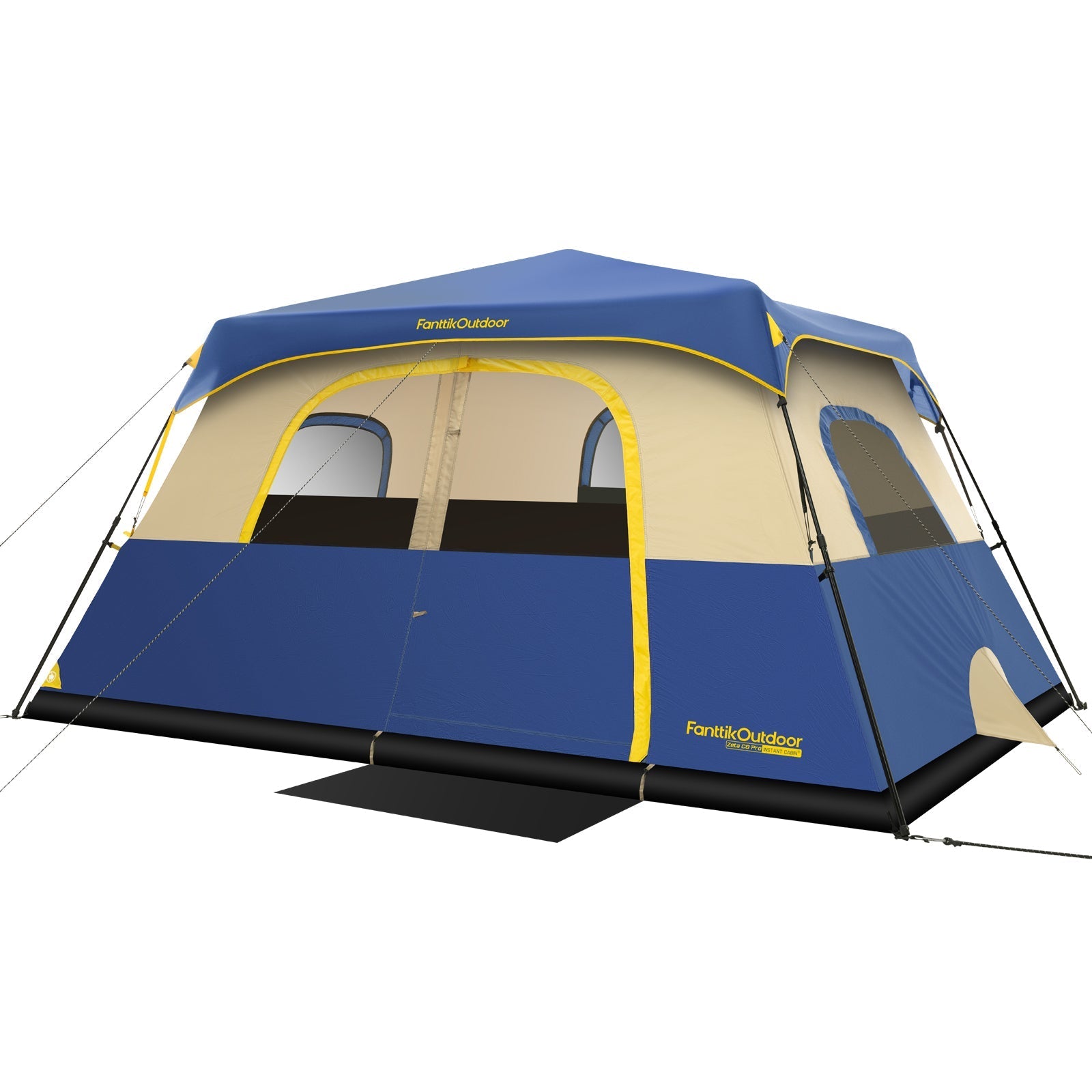 FanttikOutdoor Zeta C8 Pro blue and tan 8-person instant cabin tent with yellow trim, mesh windows, and quick setup.