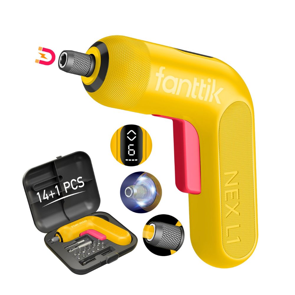 Fanttik NEX L1 Pro electric screwdriver in yellow and pink with 14+1 bit set