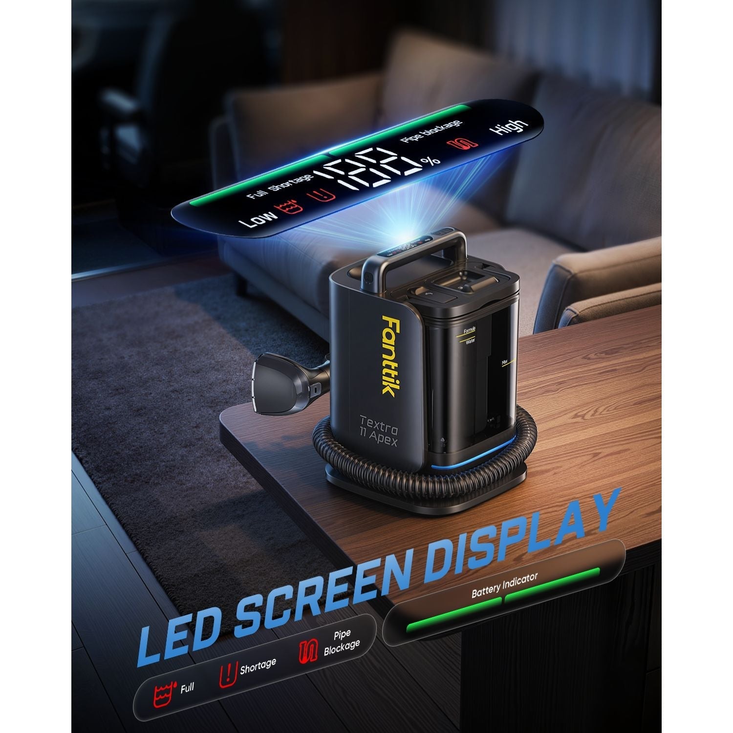 Fanttik Textra 11 Apex Cordless Carpet and Upholstery Cleaner LED screen display on a wooden surface with a dark background