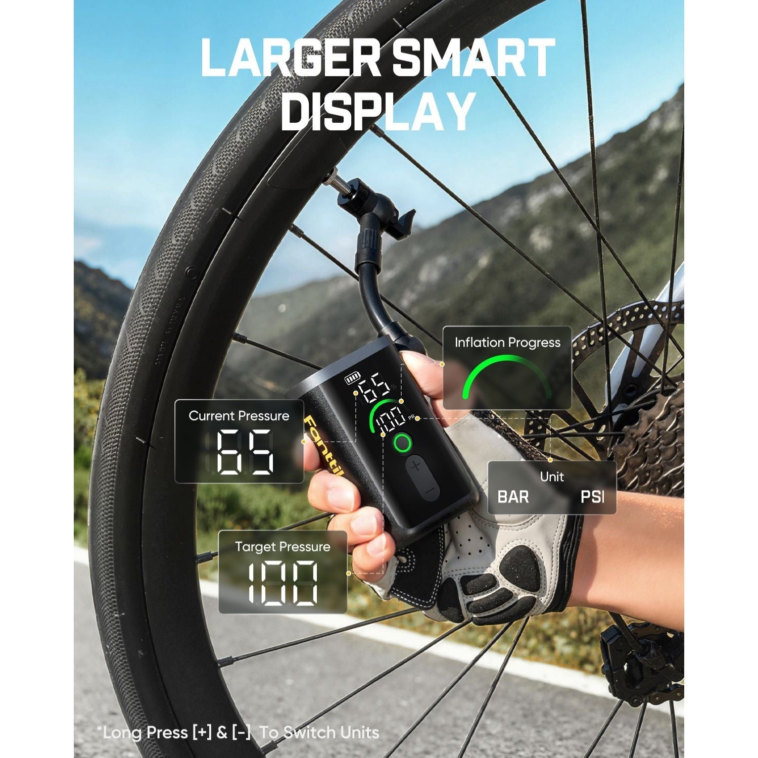 Fanttik X11 Ace bike pump with larger smart display, current pressure, target pressure and BAR/PSI units