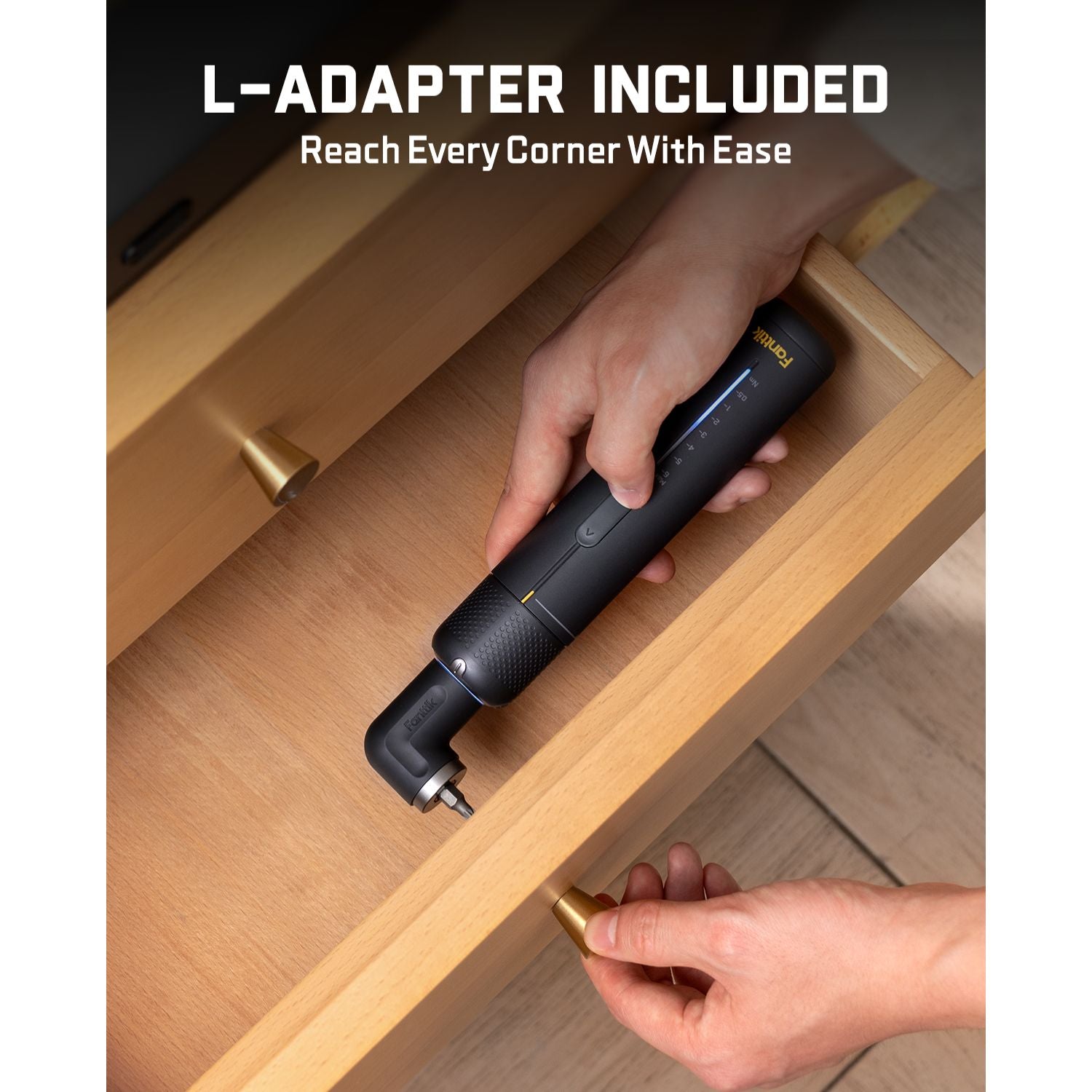 Fanttik S2 Pro cordless electric screwdriver with L-adapter, reaching into a drawer to tighten a knob.