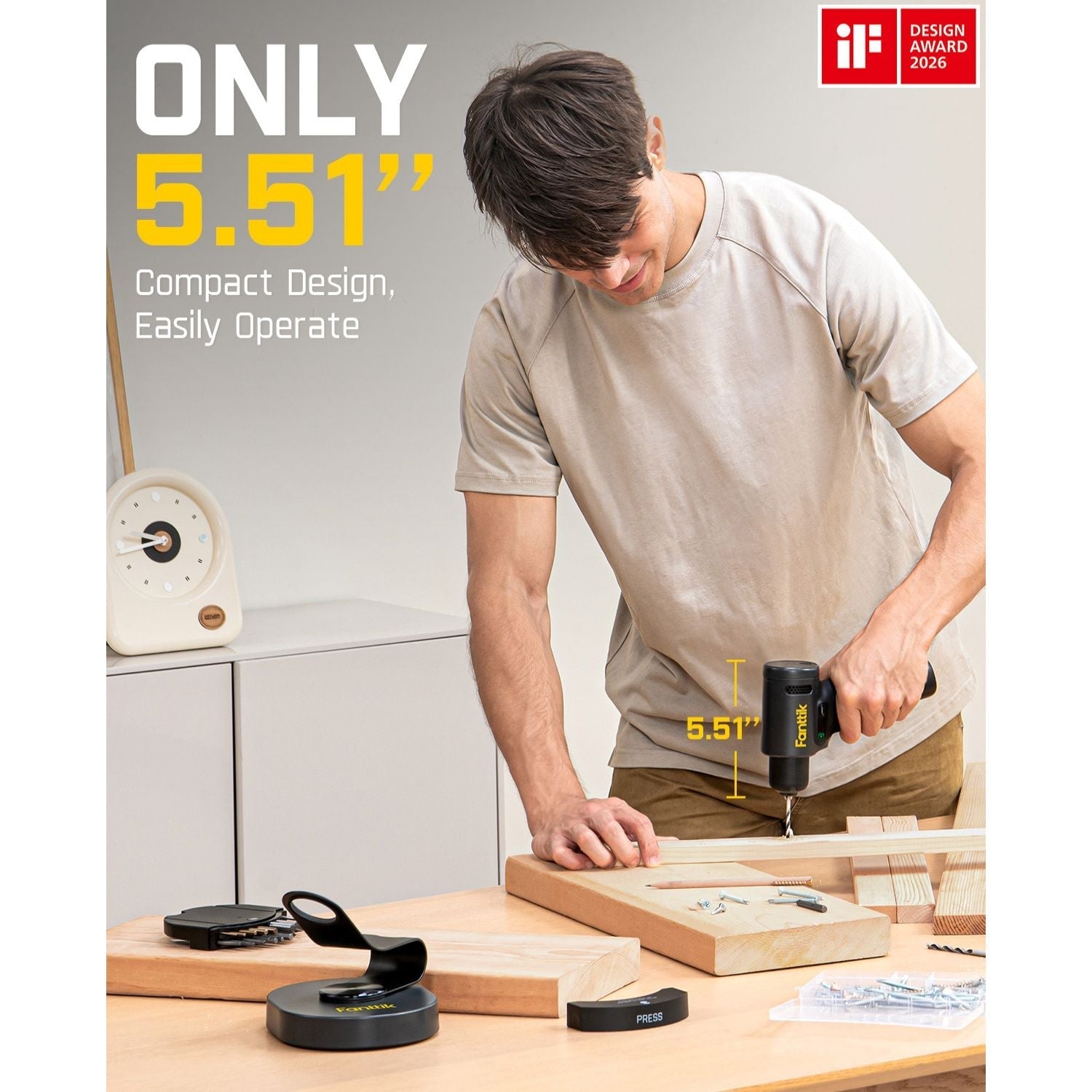 Fanttik K2 Ultra compact cordless power drill in use on wood, only 5.51-inch design