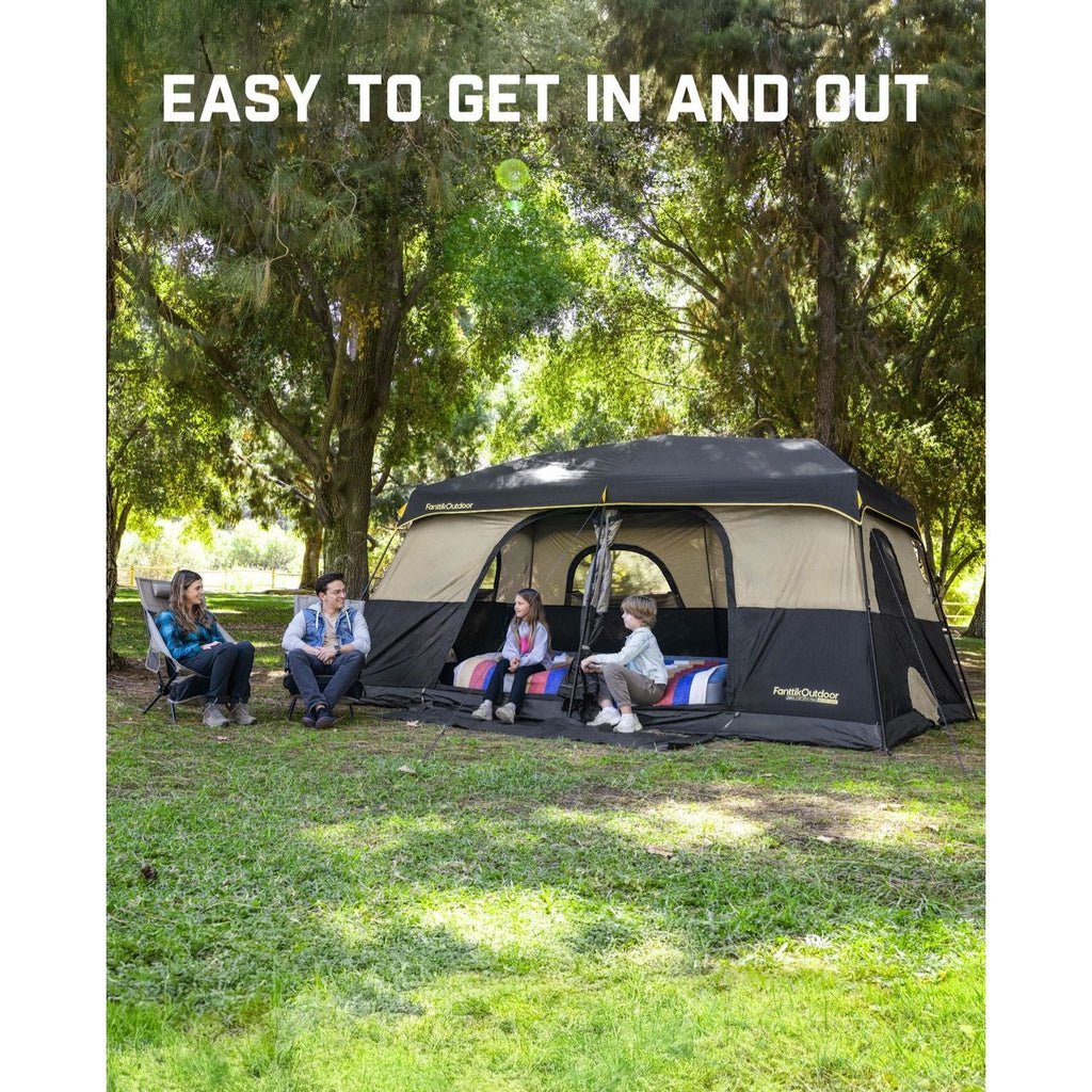 FanttikOutdoor Zeta C10 Pro Max 10 person camping tent with family enjoying the spacious interior and easy access.