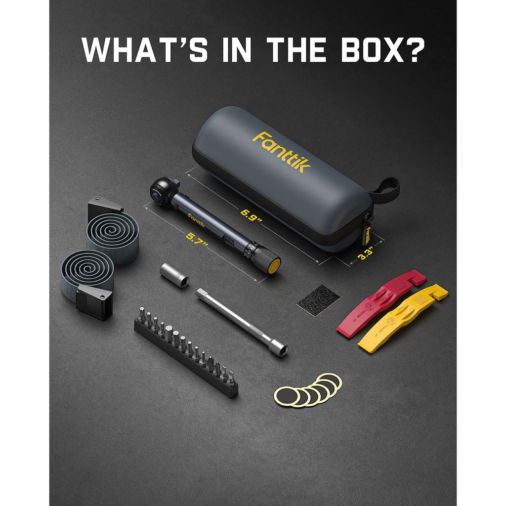 Fanttik WB10 Nova torque wrench set contents: click torque wrench, case, bits, tire levers, patches, and straps.