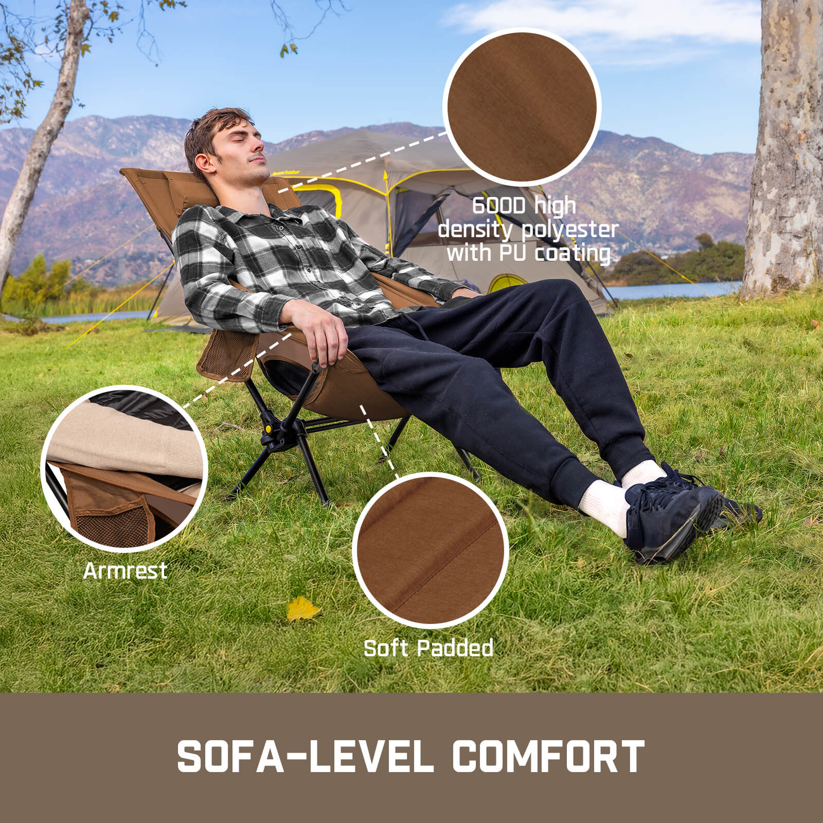 Brown FanttikOutdoor Zeta L8 Max rocker chair with soft padded armrest. 600D polyester, PU coating for outdoor comfort.
