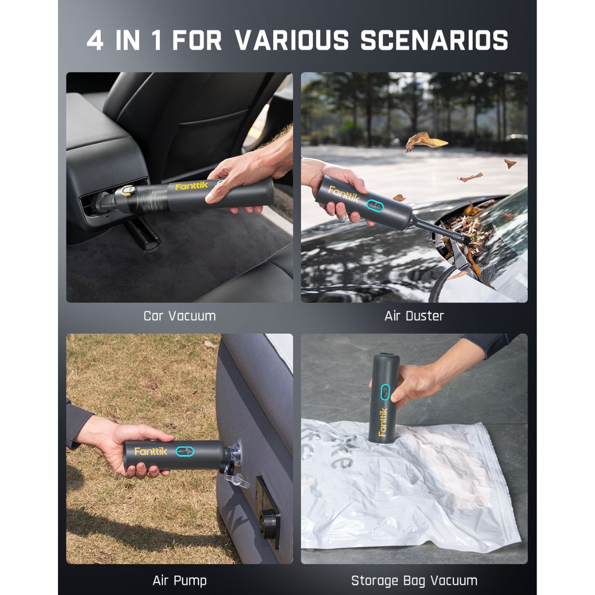 Fanttik Slim V8 Apex 4-in-1 vacuum: car cleaning, air duster, air pump, and storage bag inflation.