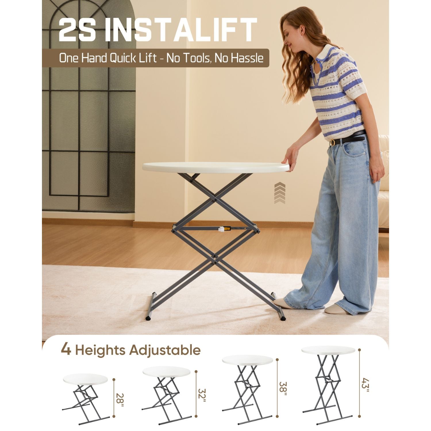 FanttikOutdoor Zeta O3 Pro folding table, white top, gray X-frame legs, 4 adjustable heights: 28", 32", 38", 43". "2S INSTALIFT" text visible.