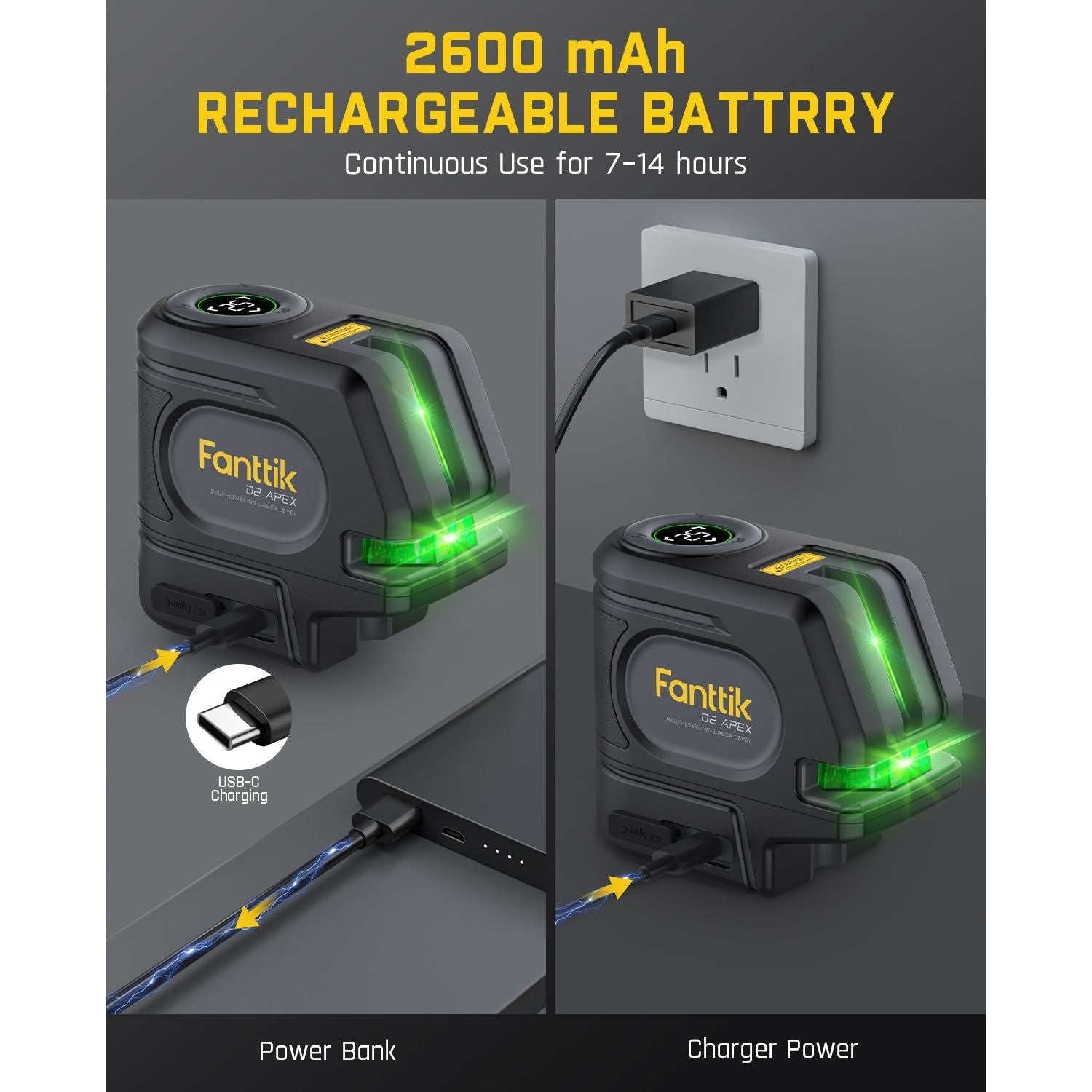 Fanttik D2 APEX laser level: 2600mAh battery, 7-14 hrs use. Shows USB-C charging via power bank & wall charger.