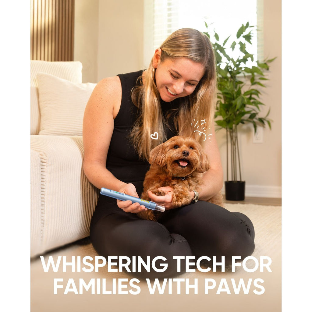 Woman using Fanttik F2 Master pet nail grinder on a small dog, with whisper-quiet tech for families with paws