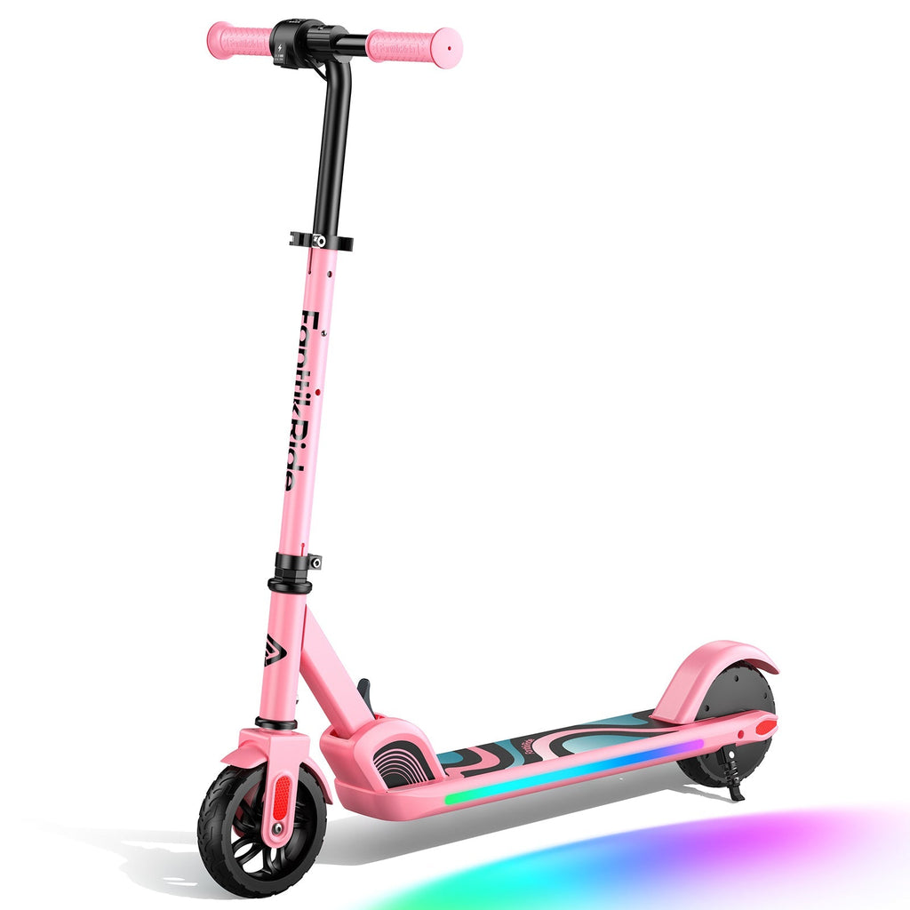 Pink FanttikRide C9 Pro electric scooter for kids with rainbow LED lights on the deck.