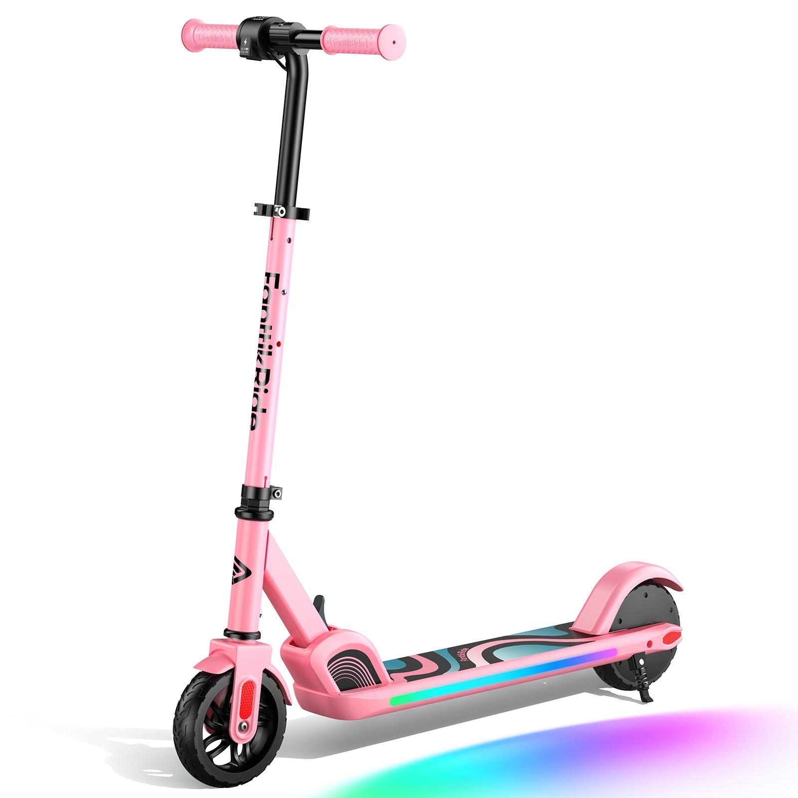 Pink FanttikRide C9 Pro electric scooter for kids with rainbow LED lights on the deck.