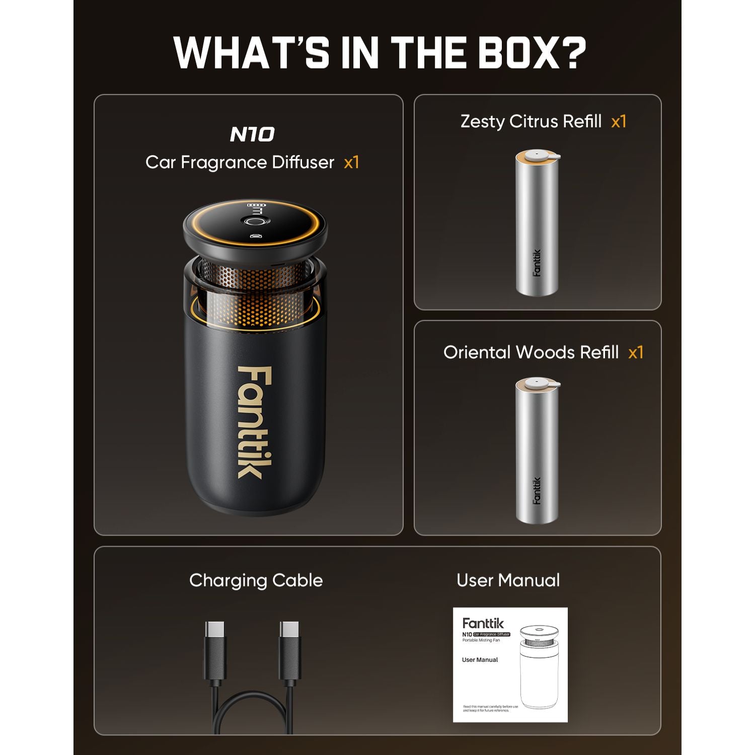 Product packaging with N10 car fragrance diffuser, refills, charging cable, and user manual on a black background.