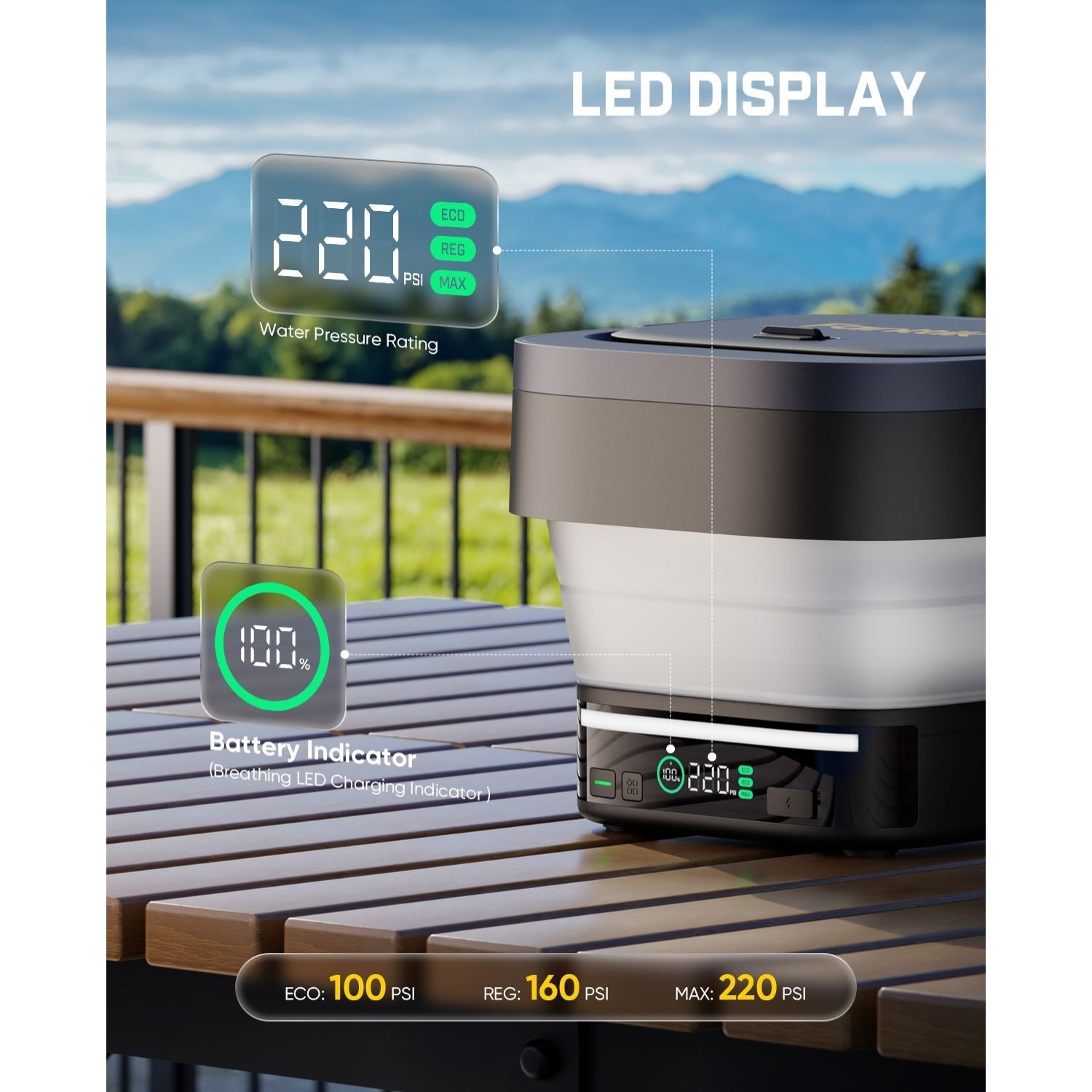 Water pressure regulator with LED display on a wooden surface, mountain background