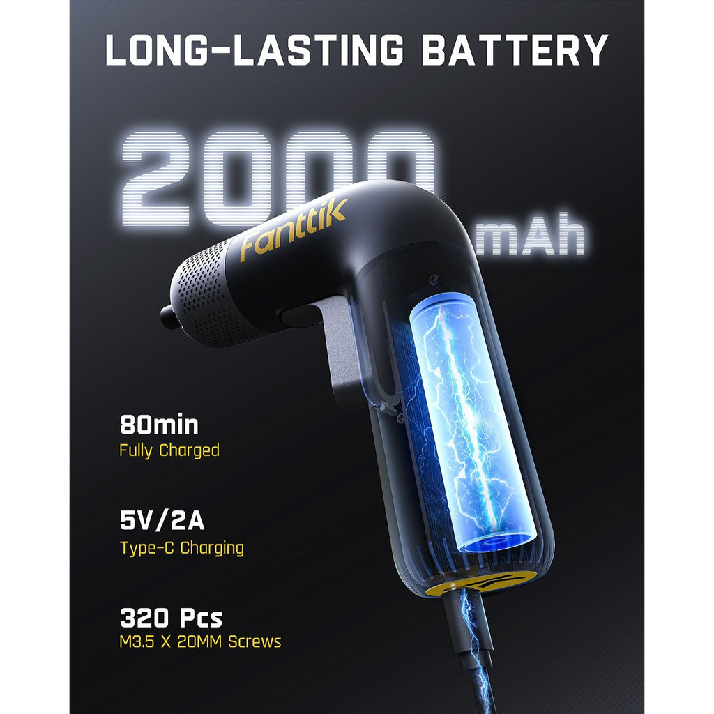 Fanttik L2 Pro electric screwdriver with 2000mAh battery, 80 min full charge, Type-C charging, and 320 screws.