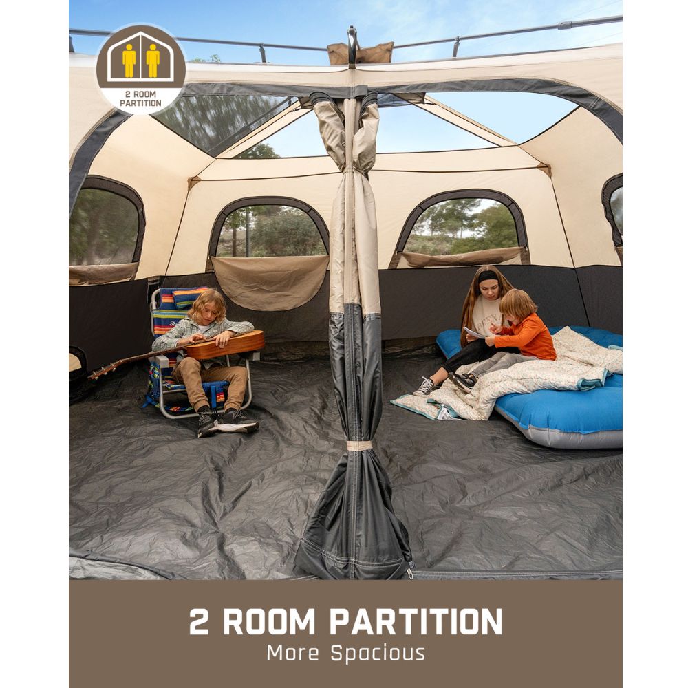 FanttikOutdoor Zeta C10 Pro 10 person camping tent interior showing a 2-room partition with children enjoying leisure time.