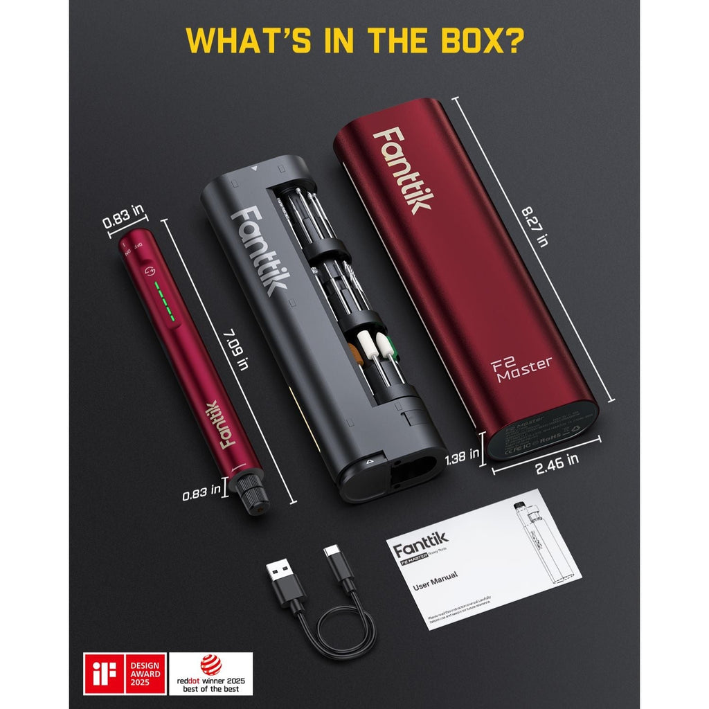 Fanttik F2 Master kit: red rotary tool, gray accessory case, red charging case, USB-C cable, manual. Award winning.