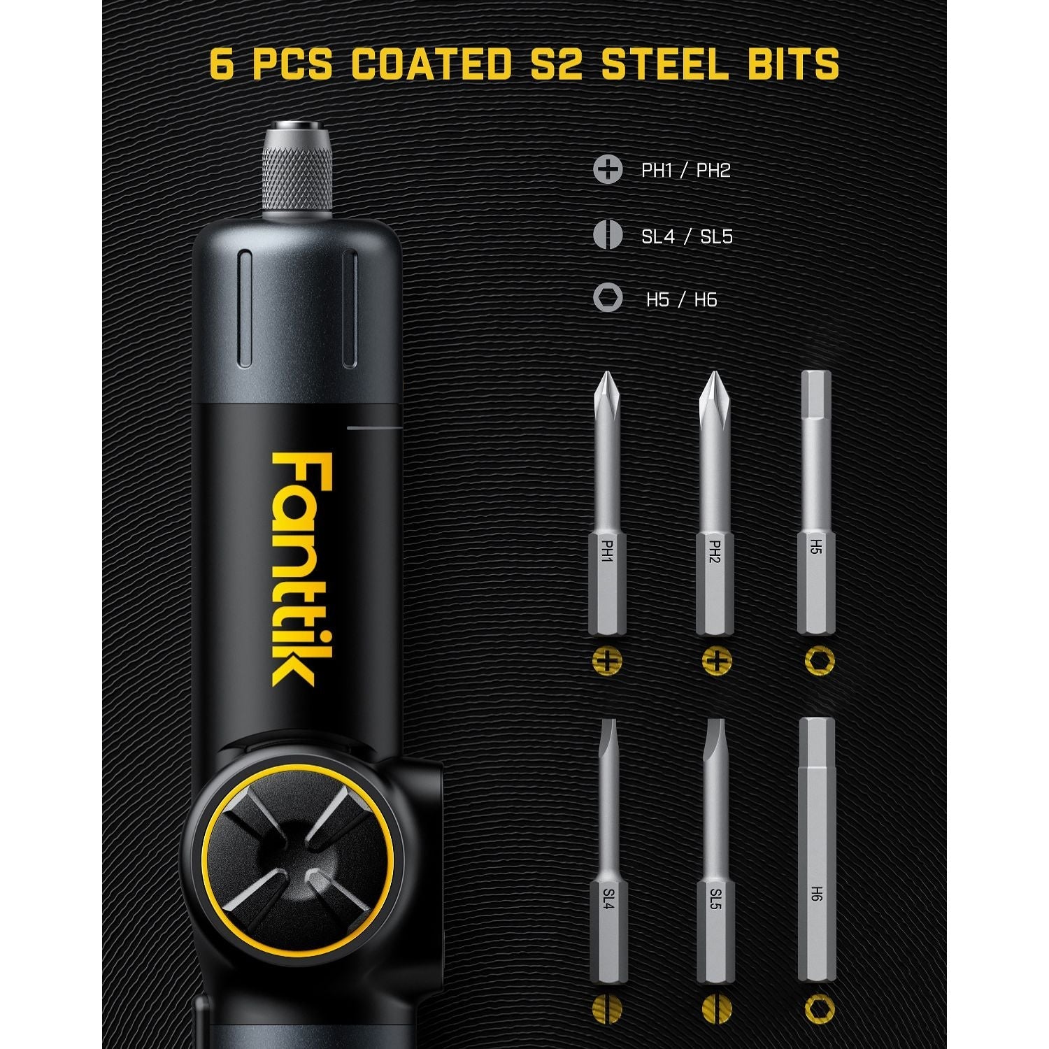 Fanttik Fold S1 APEX cordless screwdriver with 6 coated S2 steel bits: PH1, PH2, SL4, SL5, H5, H6