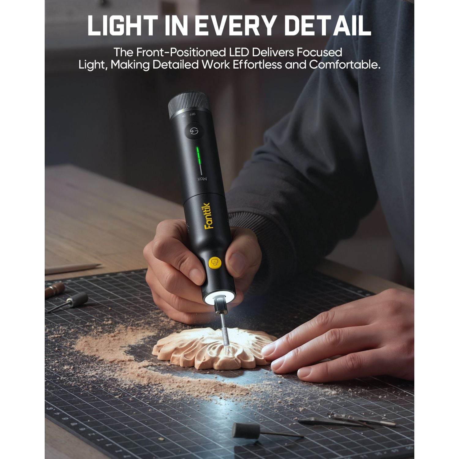 Fanttik F2 Pro cordless rotary tool with front LED light carving wood