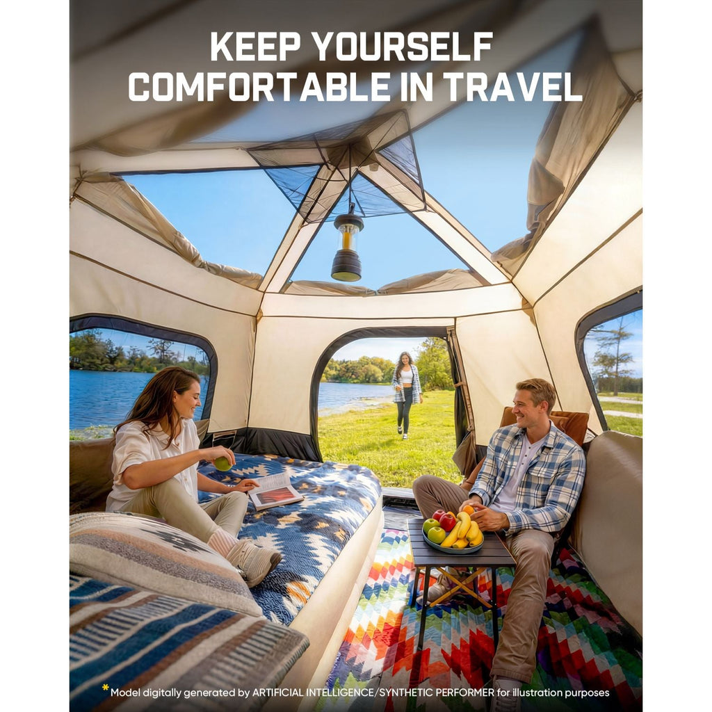 Two people inside a large camping tent with a scenic view outside.