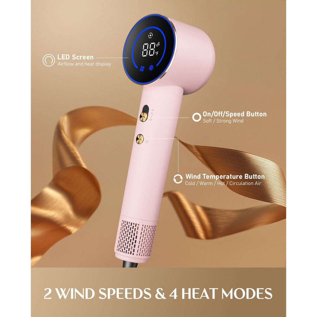 FanttikSolo Aura H10 APEX hair dryer in pink with LED display, speed, and temperature controls. 2 wind speeds, 4 heat modes.