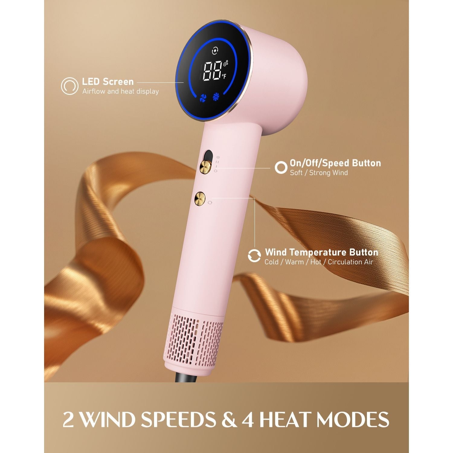 FanttikSolo Aura H10 APEX hair dryer in pink with LED display, speed, and temperature controls. 2 wind speeds, 4 heat modes.