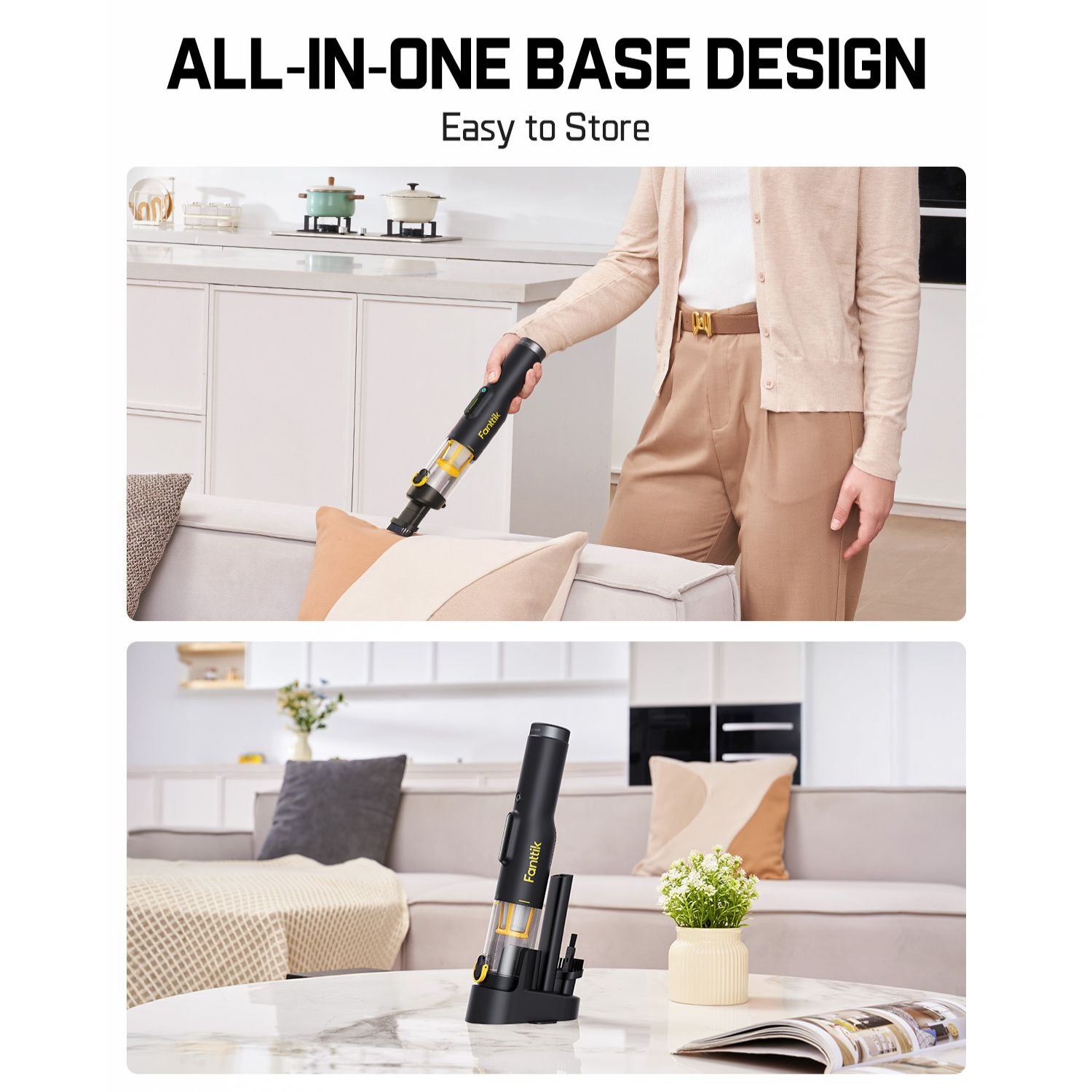 Fanttik Slim V10 Lite cordless vacuum with all-in-one storage base and accessories on a table