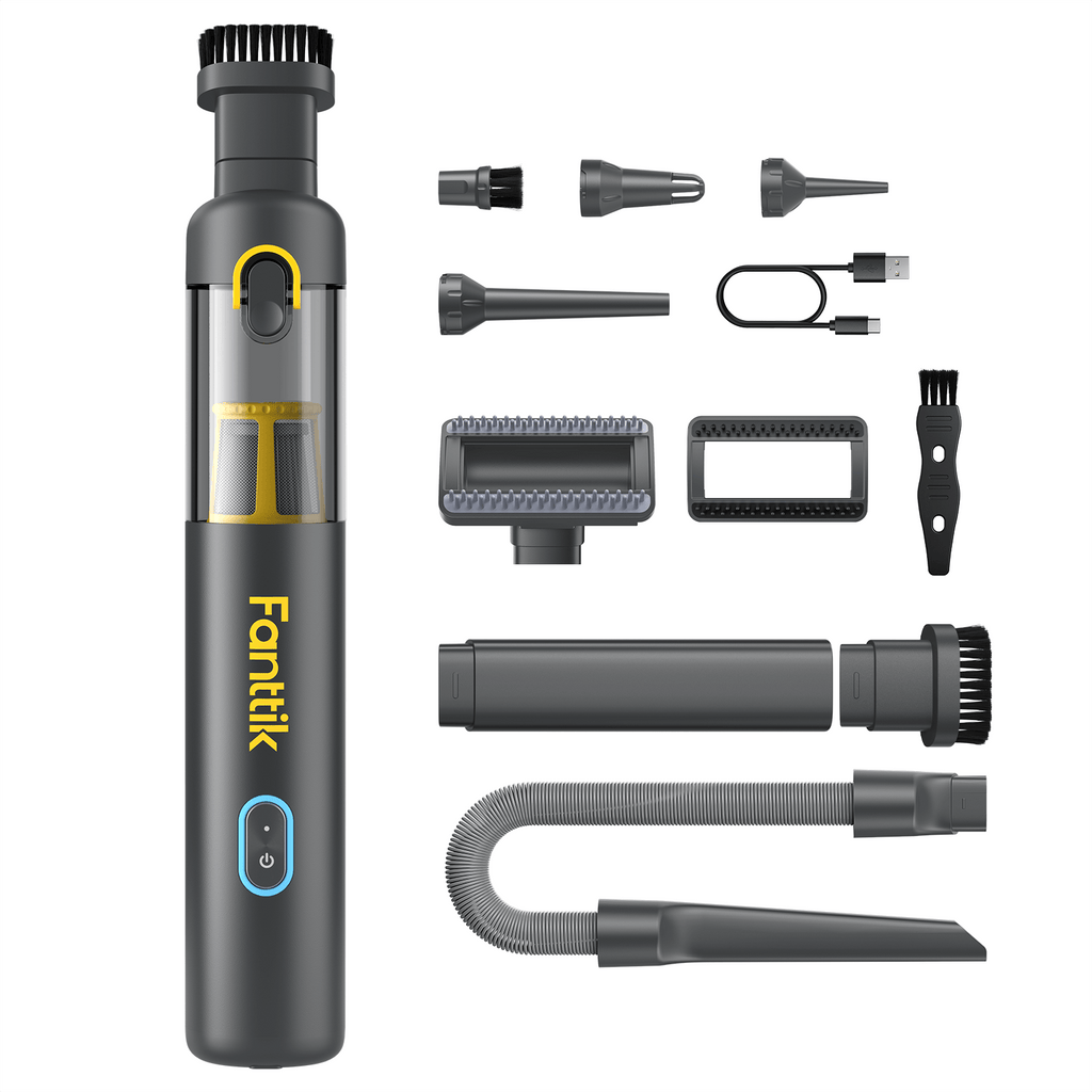 Fanttik Slim V8 Apex gray car vacuum with multiple cleaning attachments and USB-C cable