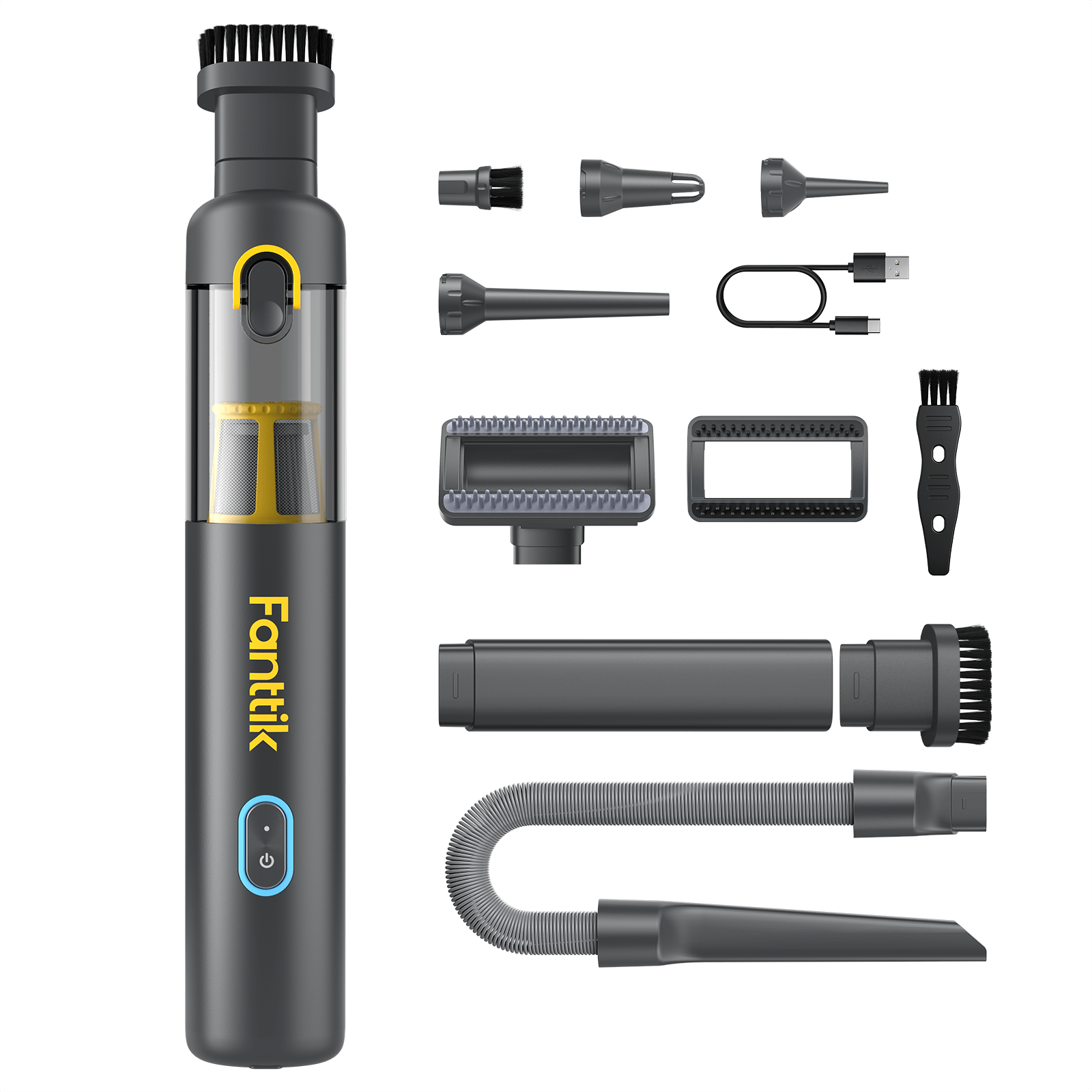 Fanttik Slim V8 Apex gray car vacuum with multiple cleaning attachments and USB-C cable