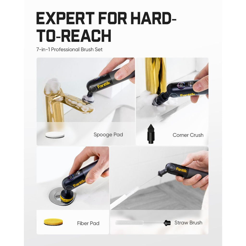Fanttik 7-in-1 hard-to-reach brush set with sponge pad, corner brush, fiber pad and straw brush