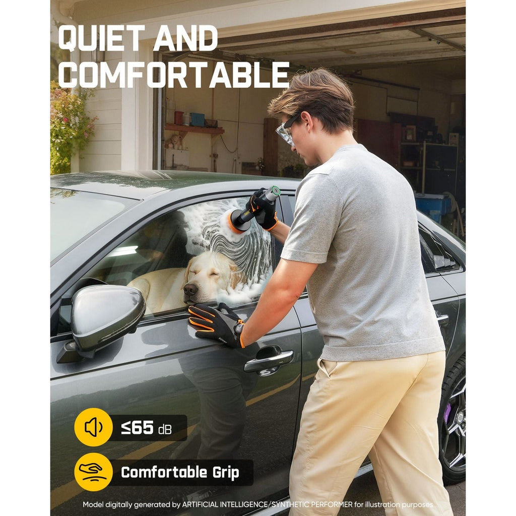 Person cleaning a car with a dog inside, with text 'Quiet and Comfortable' and sound level indicator.