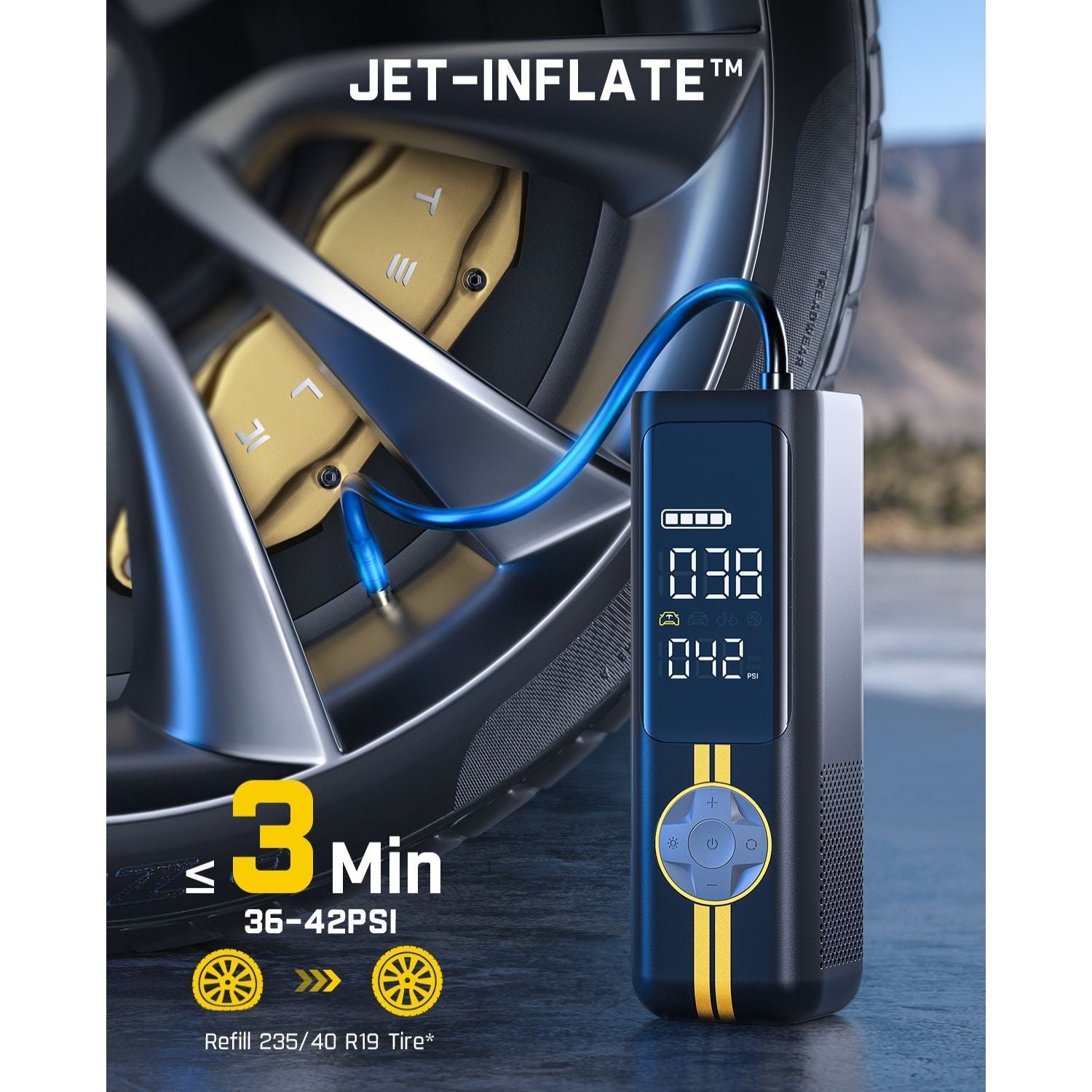 Fanttik X8 APEX EV tire inflator shown connected to a car tire, displaying pressure and refilling time.