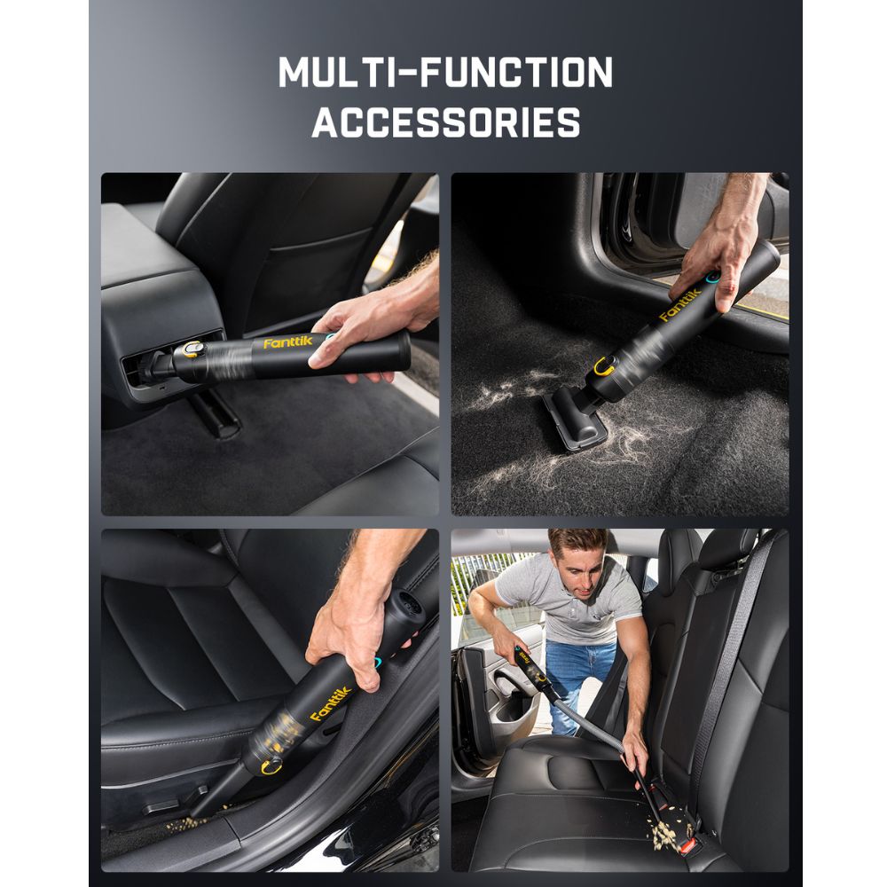 Fanttik Slim V8 Apex car vacuum in action: cleaning car seats, floor, and crevices with various attachments.