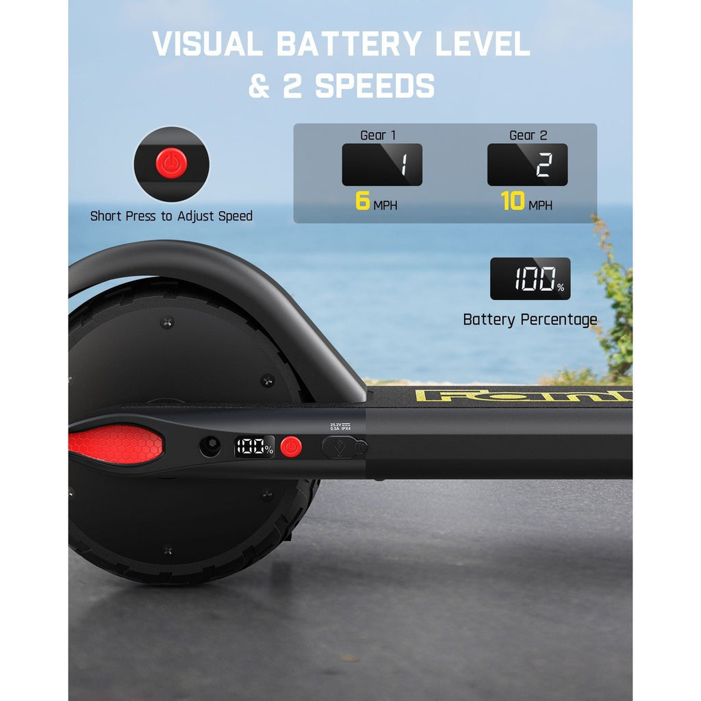 FanttikRide C9 electric scooter with visual battery level indicator showing 100% and two speed gears: 6 MPH and 10 MPH.