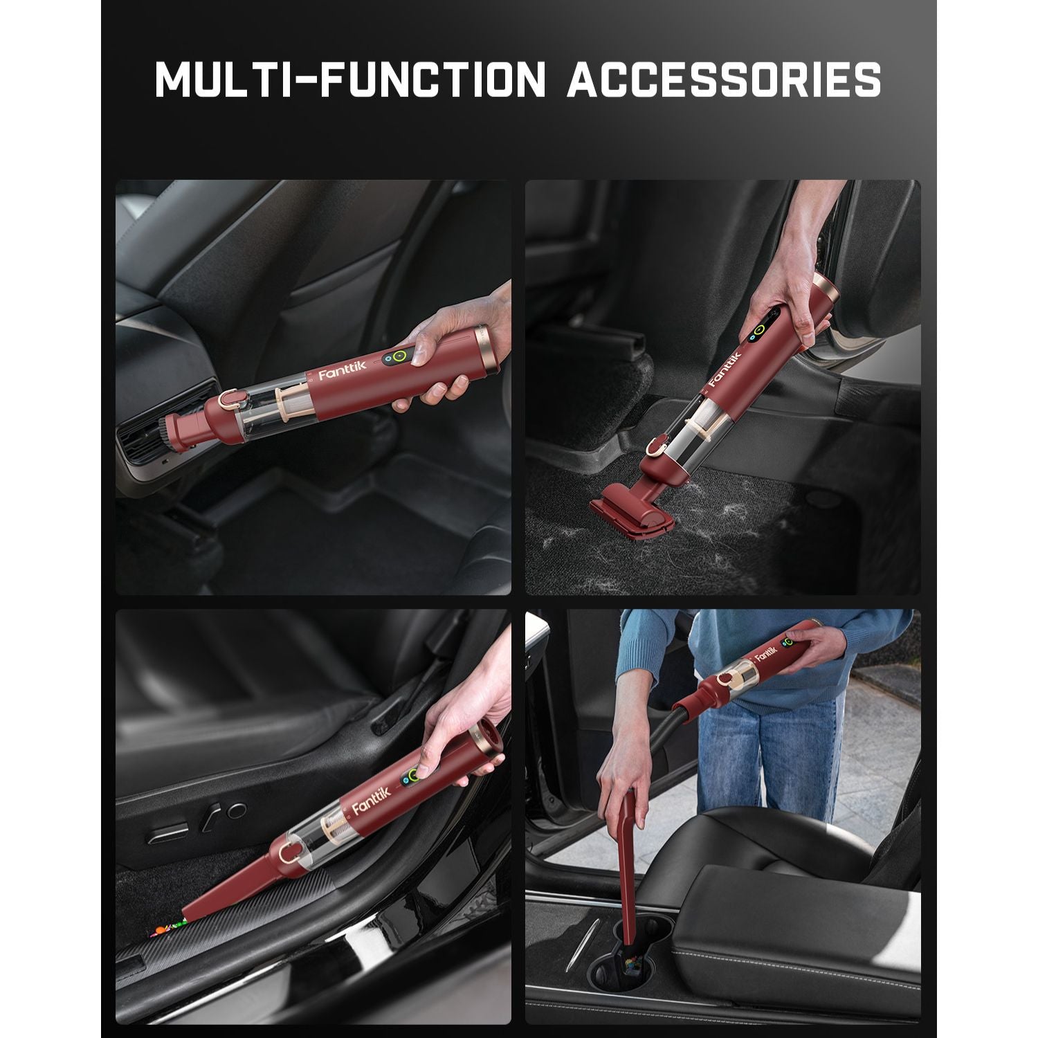 Fanttik Slim V10 Apex vacuum attachments cleaning car: air vent, pet hair, car seat gap, cup holder. Multi-function accessories shown.