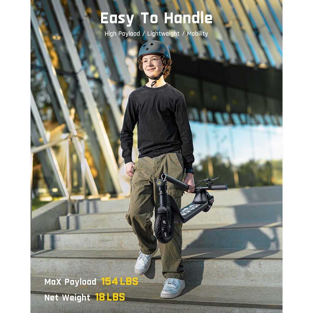 FanttikRide T10 electric scooter for kids, black, with 154 lbs max payload and 18 lbs net weight.