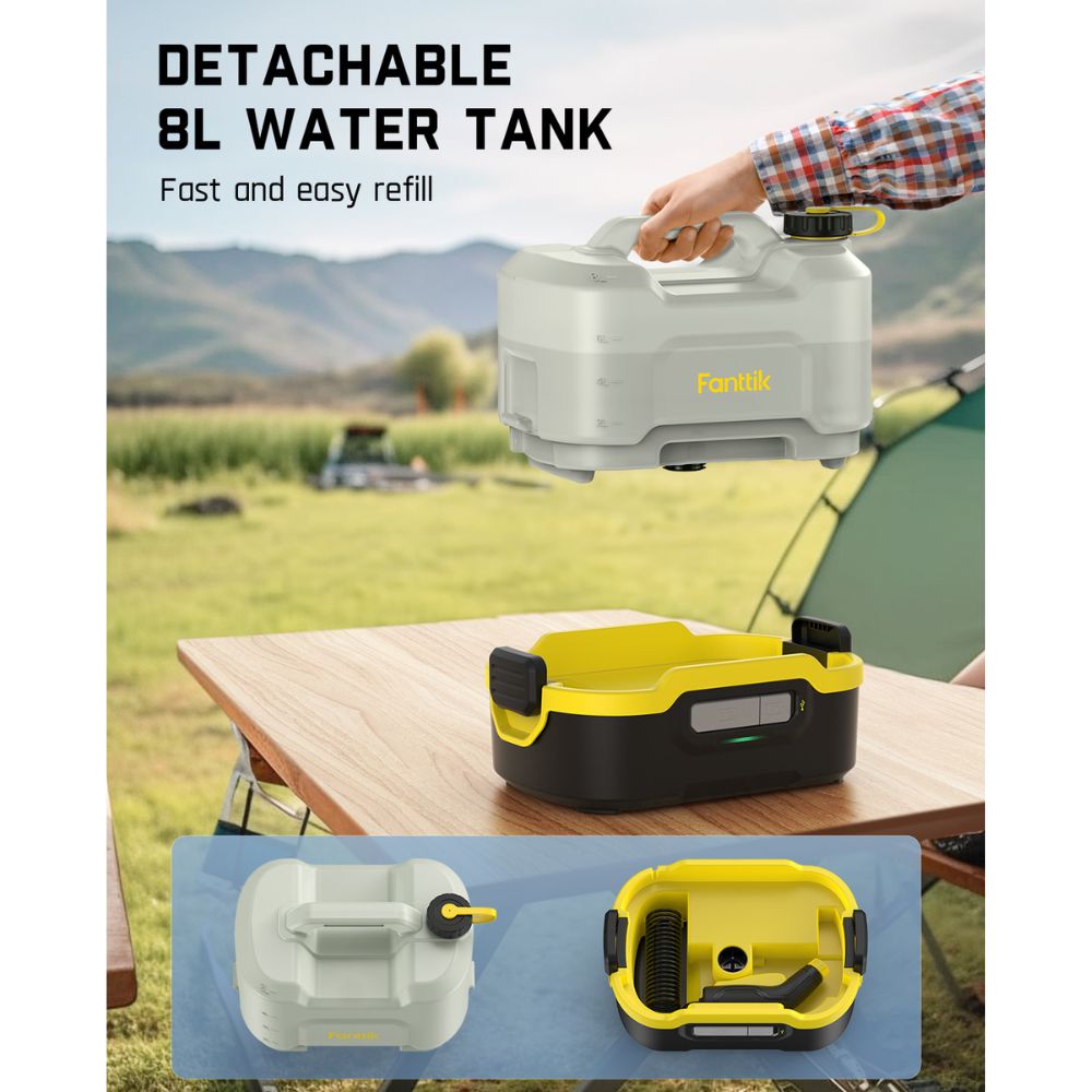 Fanttik NB8 Nano portable pressure washer with detachable 8L water tank, shown in use outdoors.