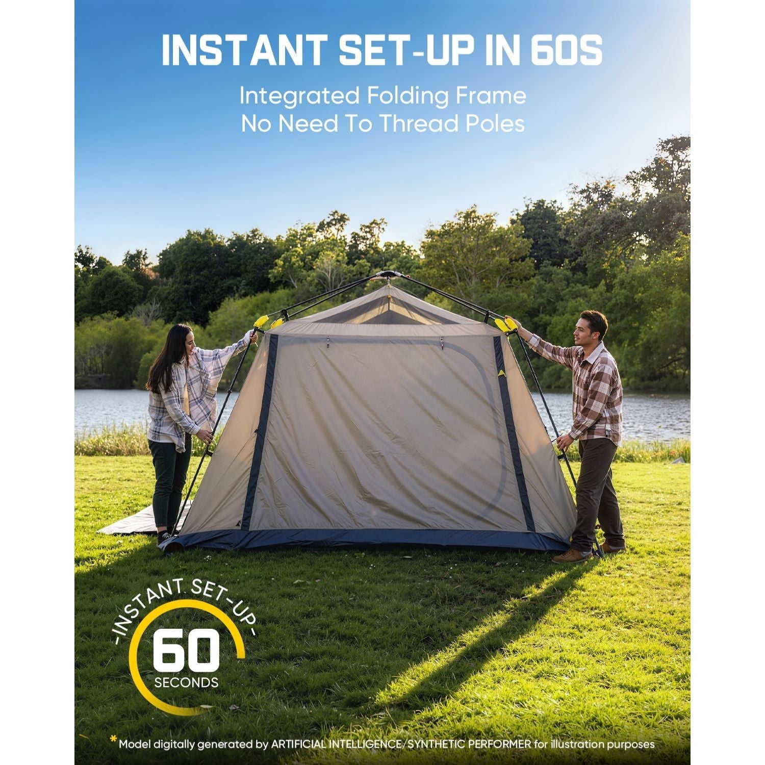 Two people setting up a tent with text about instant set-up in 60 seconds.