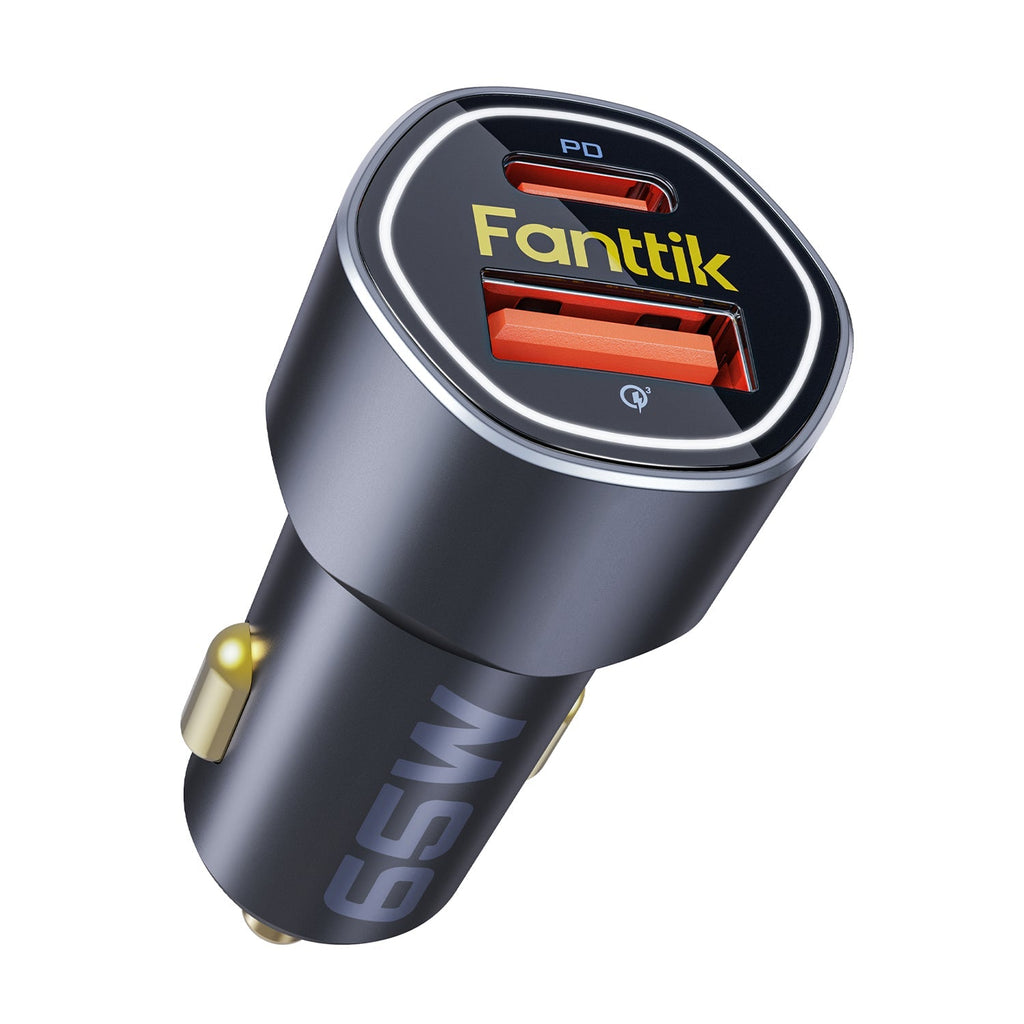 Fanttik 65W USB C car charger with dual USB-C ports, black compact adapter