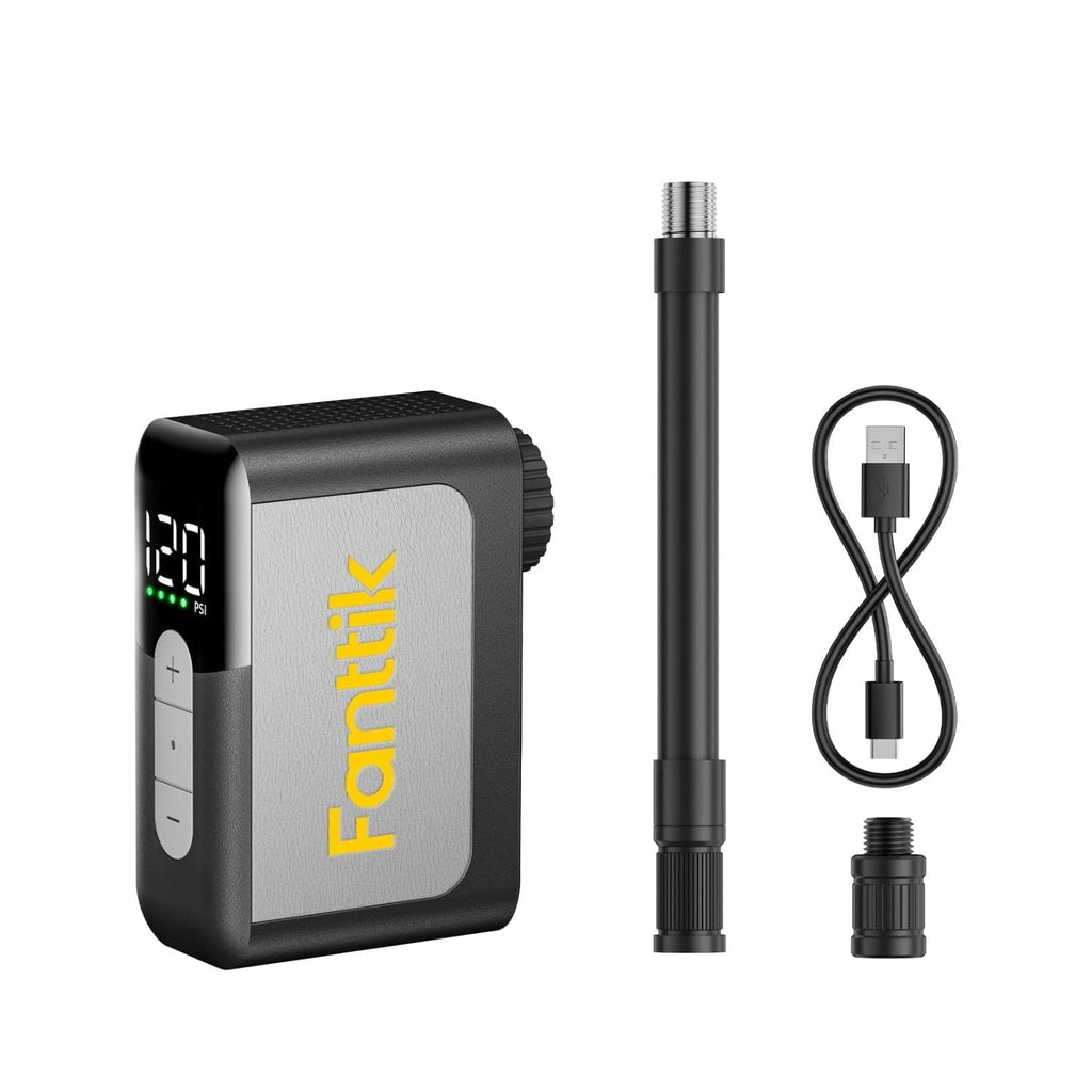 Fanttik X10 Ace Mini Bike Pump with digital display, hose, and USB-C cable.