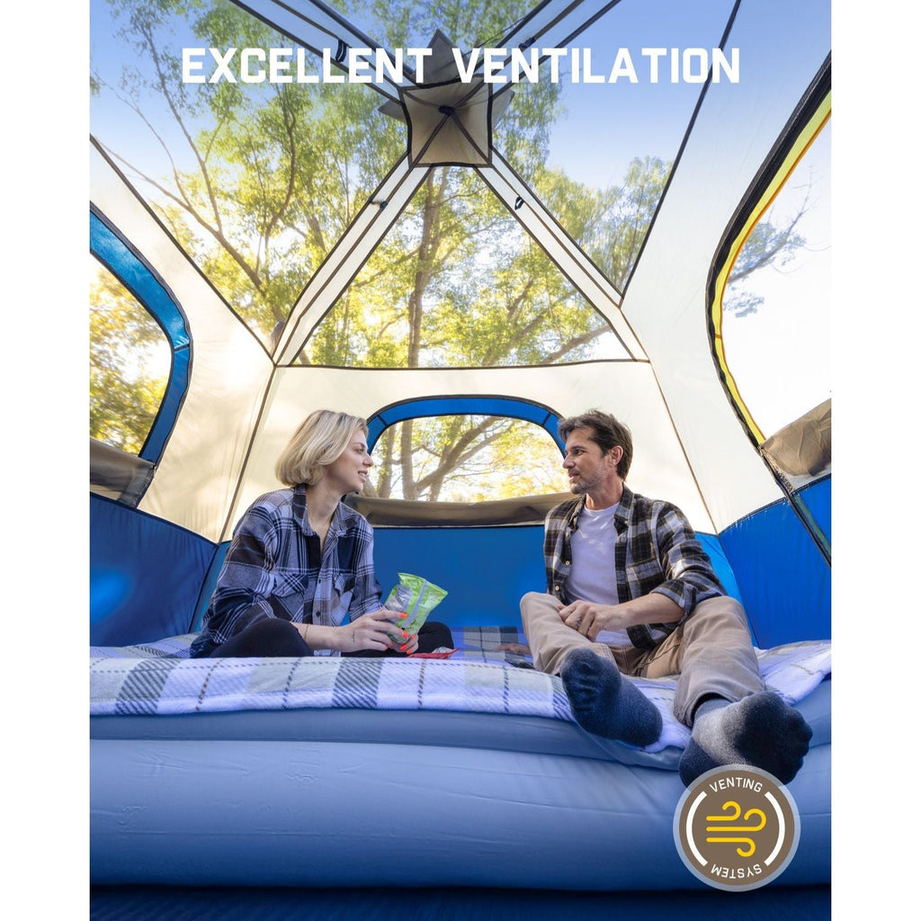 FanttikOutdoor Zeta C4 Pro camping tent interior with couple, showcasing excellent ventilation and venting system.