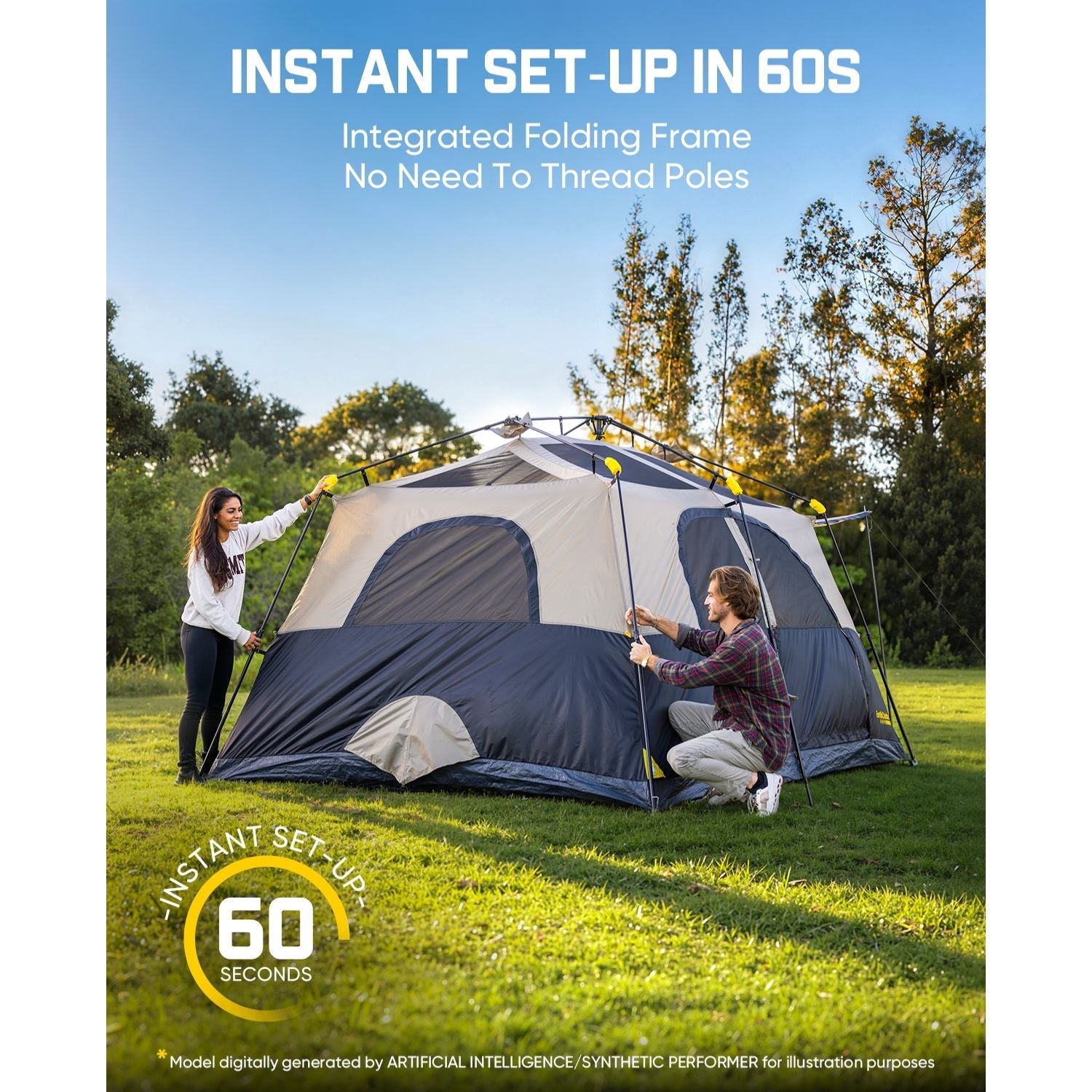 Two people setting up a tent with text about instant set-up in 60 seconds.