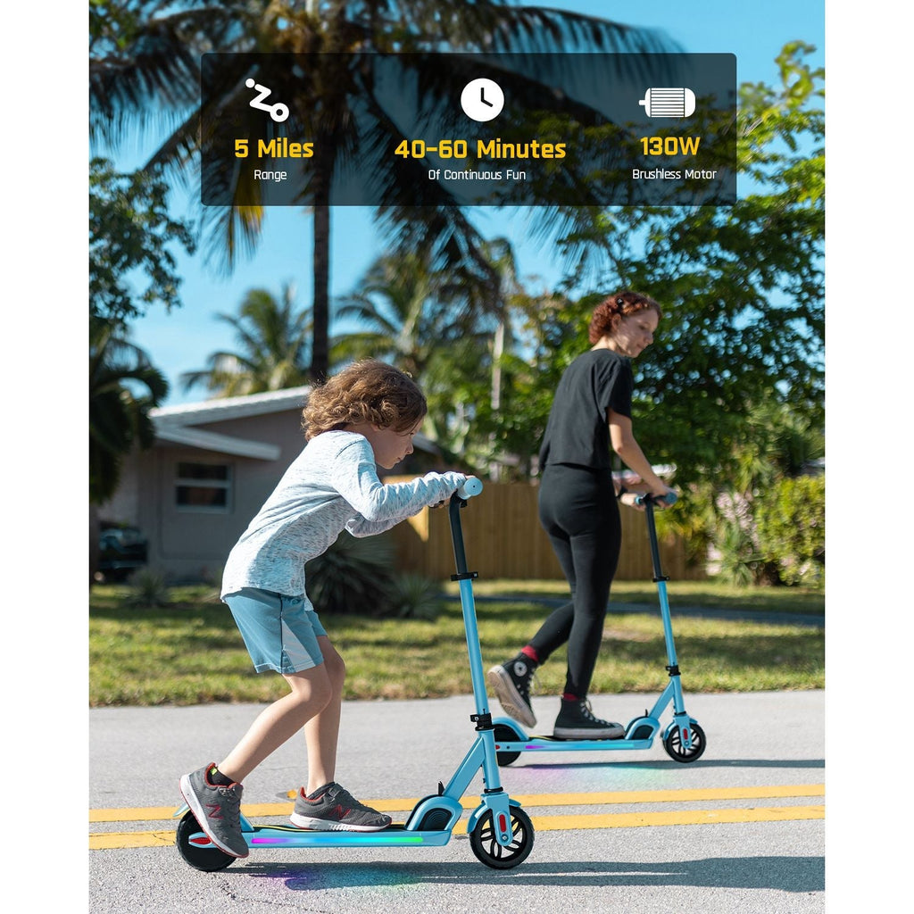 Blue FanttikRide C9 Pro electric scooter for kids with 5-mile range, 40-60 min fun time, and 130W motor.