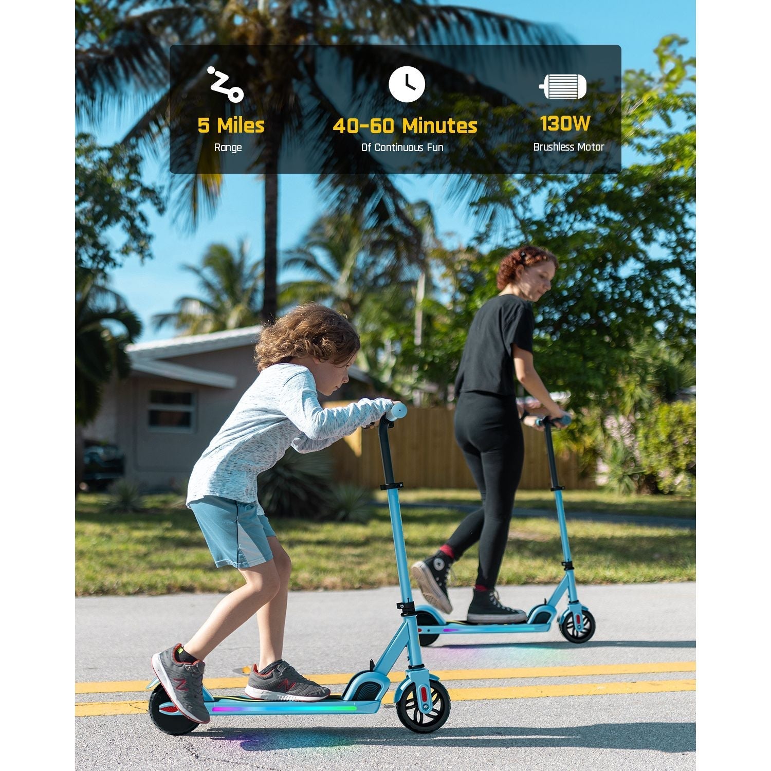 Blue FanttikRide C9 Pro electric scooter for kids with 5-mile range, 40-60 min fun time, and 130W motor.