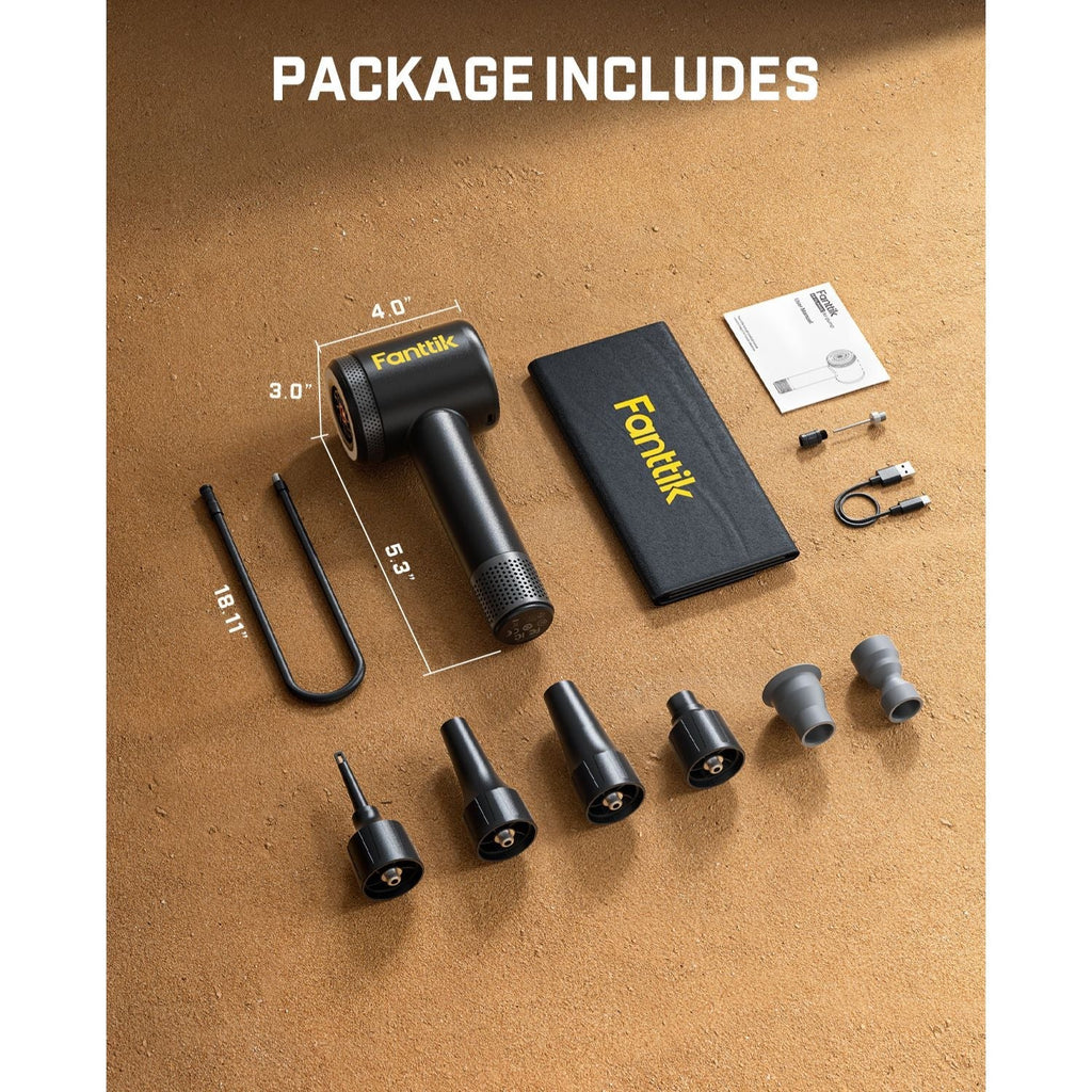 Fanttik X9 Classic tire inflator package contents with nozzles, hose, manual, and charging cable