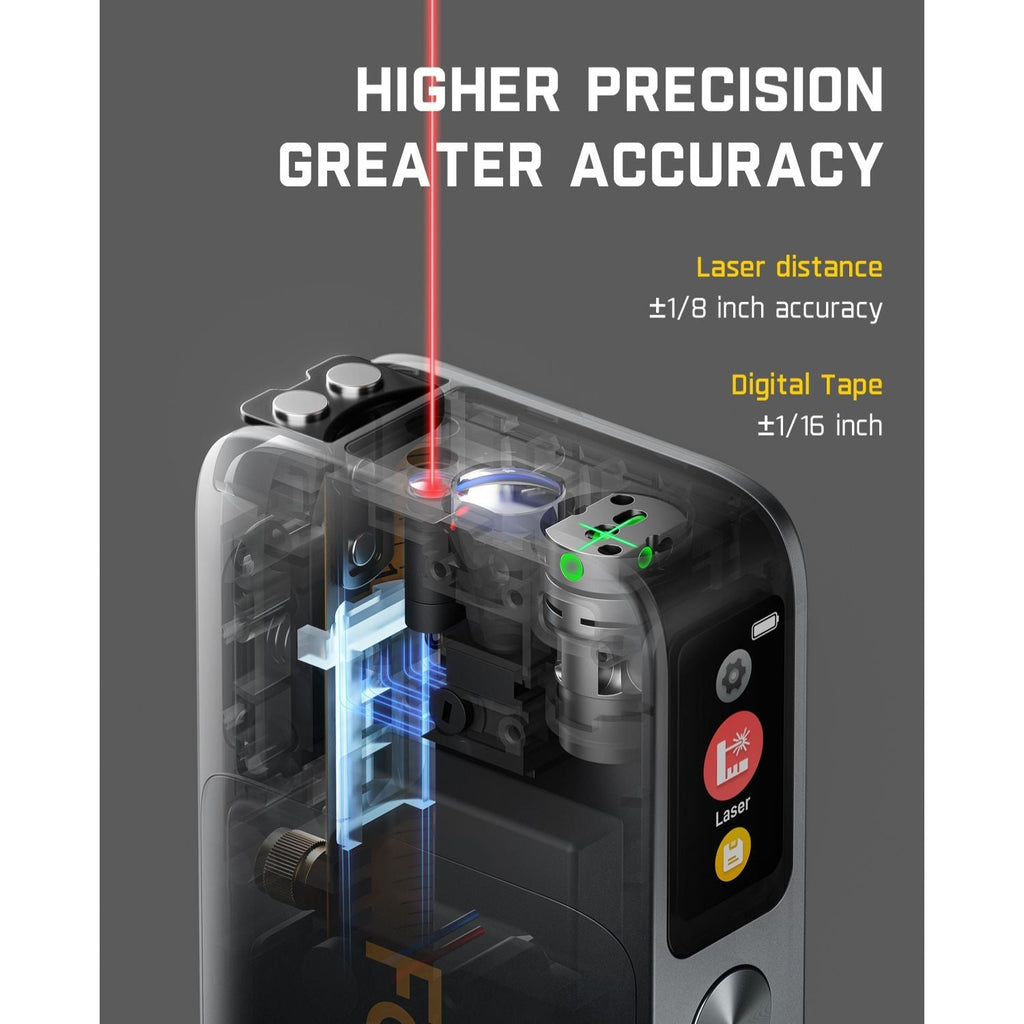 Fanttik A10 Apex 3-in-1 laser distance meter cutaway showing red laser, green cross-line, and digital tape mechanism