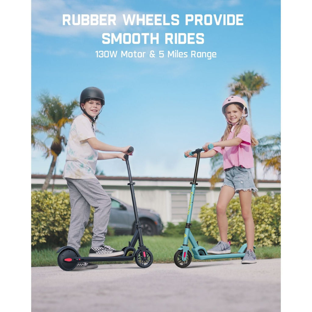 FanttikRide C9 kids electric scooter in blue and black with rubber wheels, 130W motor, and 5-mile range.