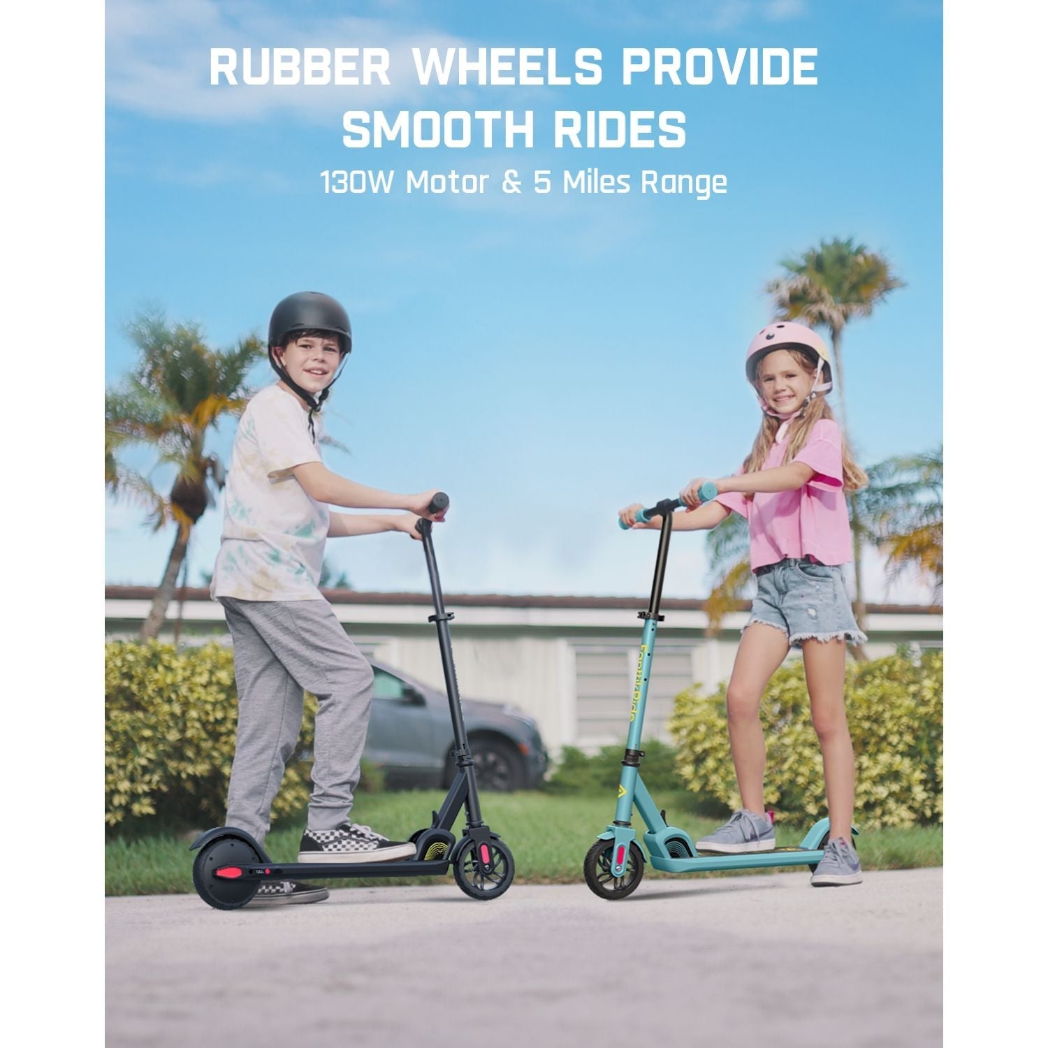 FanttikRide C9 kids electric scooter in blue and black with rubber wheels, 130W motor, and 5-mile range.