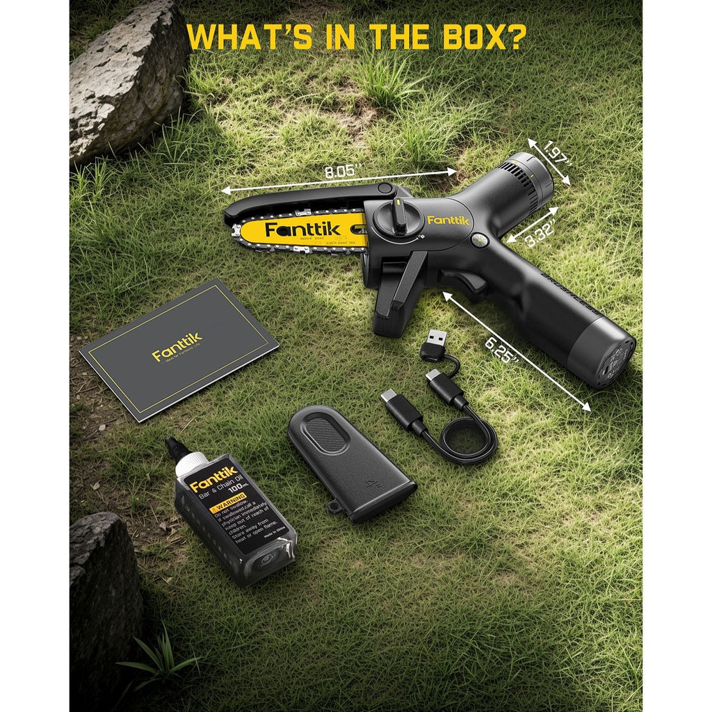 Fanttik W10 APEX mini chainsaw and accessories: chainsaw, oil, battery, cables, and manual.